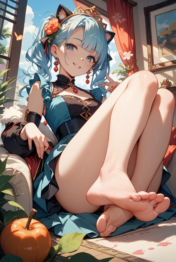 masterpiece,highres,xiangling \(genshin impact\) 1girl,blue hair,short hair,thick eyebrows,hairclip,hair rings, braid,yellow eyes,bow,glove,chinese clothes, sleeveless,bare shoulders, pelvic curtain,belt,panda,panda,no humans,1girl,smirk,blush,open mouth,in kitchen,sitting stone chair,legs, legs focus,feet,bare feet,(five toes1.5),soles of feet,sweating,steam,from below,shaded face,bare legs,indoor,soles of feet