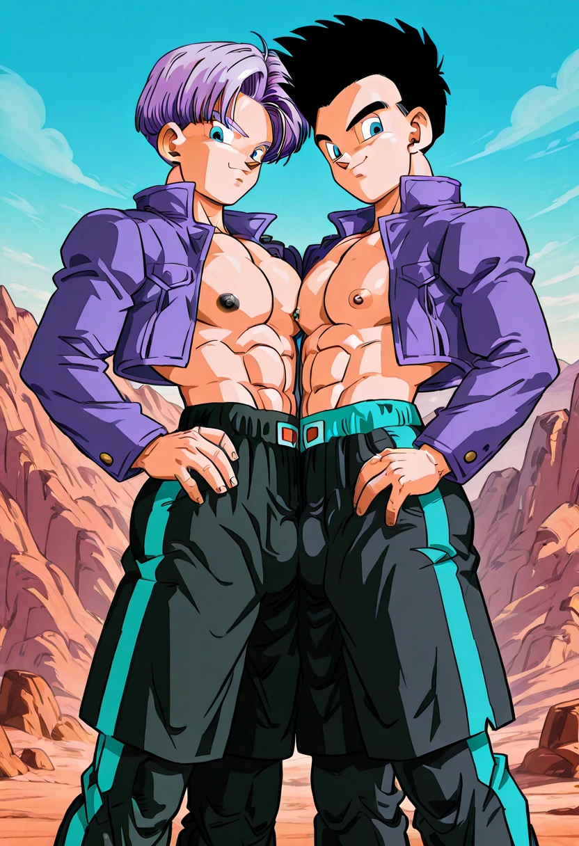 1futanari Saiyan, purple hair combed back, green eyes,slim, thin waist, wide hips, brown skin color, medium breasts, naked, huge dick, huge long dick, 2 meter dick ,steamy dick , erect dick , immense dick , futanari dick inside on girl, futanari on girl, sex,