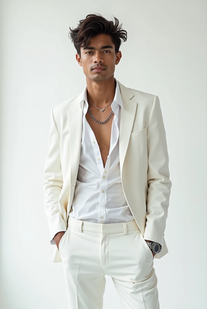 white suit、Strange thieves、High school students、167cm、Type B、gentleman、Slim Fit Pants、cinematic shot、finely detailed background、1 male , sexy nsfw , eroticism , hot boy