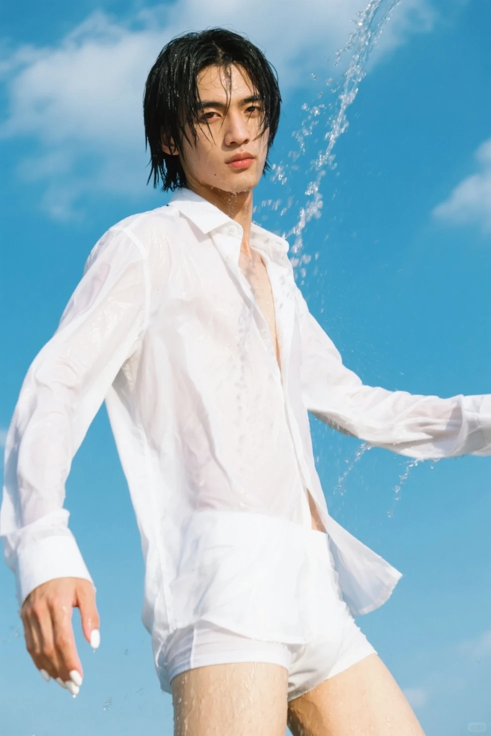 Masterpiece,Best quality,A high resolution,Gufeng Boy,Upper body,Abs, chest muscle，Open the tulle coat，Flying fish skirt