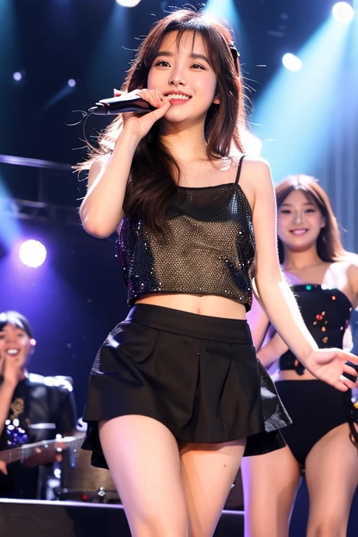5 member idol group An 18-year-old idol with a cute half-face and a cute smile singing on an outdoor stage. Perfect proportions, miniskirt and long legs
