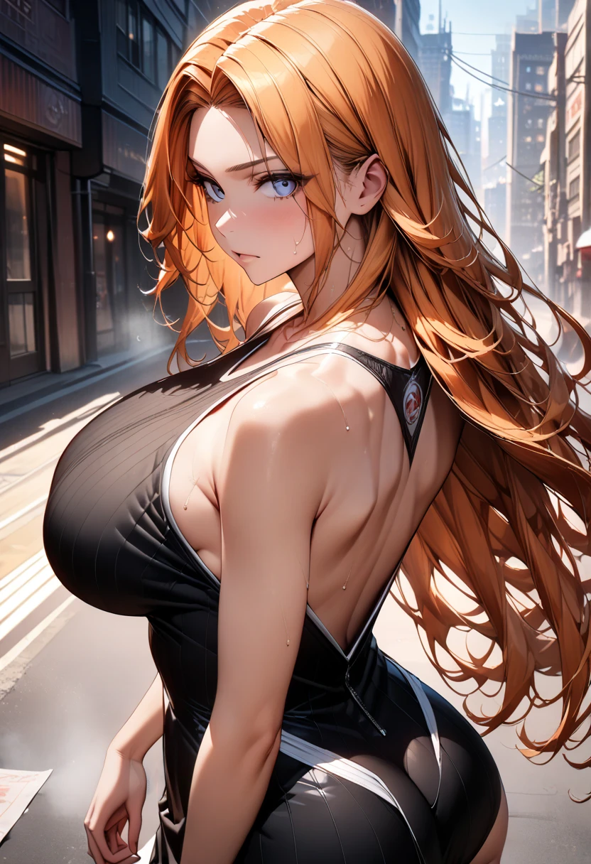 (masterpiece), best quality, high quality, 8k, wallpaper, DLSR, (ultra-detailed:0.4), (perfect face), best quality, expressive shiny galaxy eyes, perfect face ,(running, out of breath), ((wearing thight vrigin killer sweater, visible thong)), braided long orange hair, ((in busy street)), wearing expressive jewelry, detailed background, detailed shadow's, expressive cleavage,