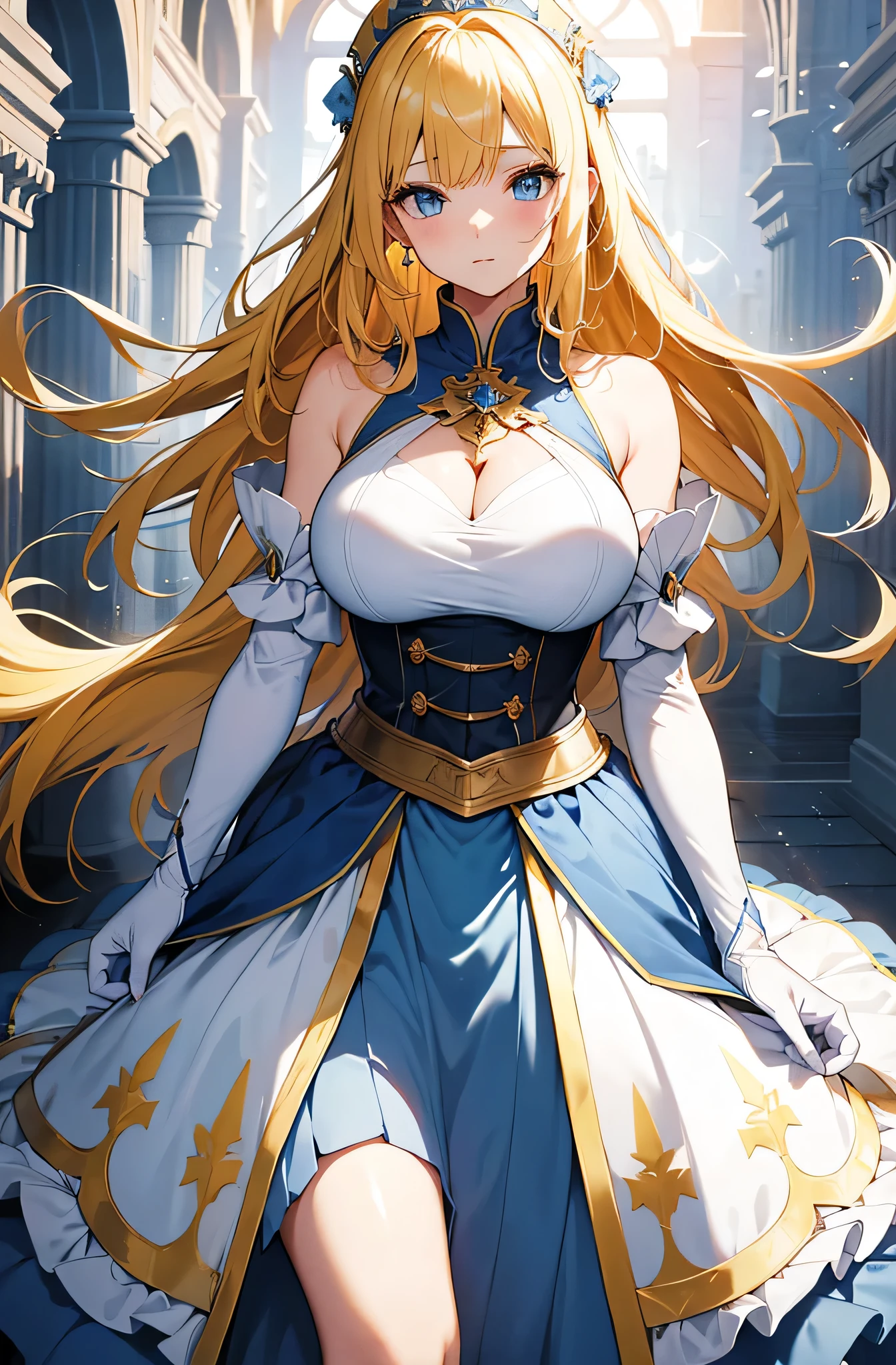 4K,High resolution,One Woman,Blonde,long hair,Light blue eyes,Big Breasts,princess,A tight blue dress,White gloves,princessのティアラ,Jewelry decoration,Medieval castle