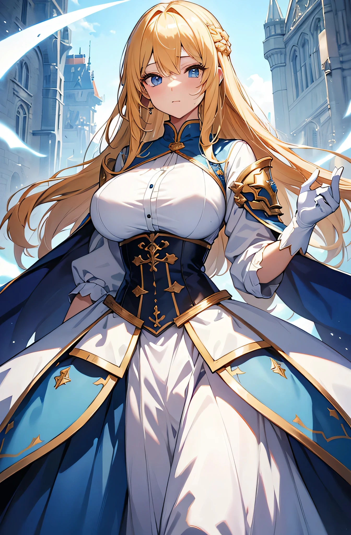 4k,hight resolution,Bright blonde hair,Bright light blue eyes,Longhaire,Huge breasts,valkyrie,mysterious armor,jewel decorations,Winged headgear,Excalibur,Temple in the Sky