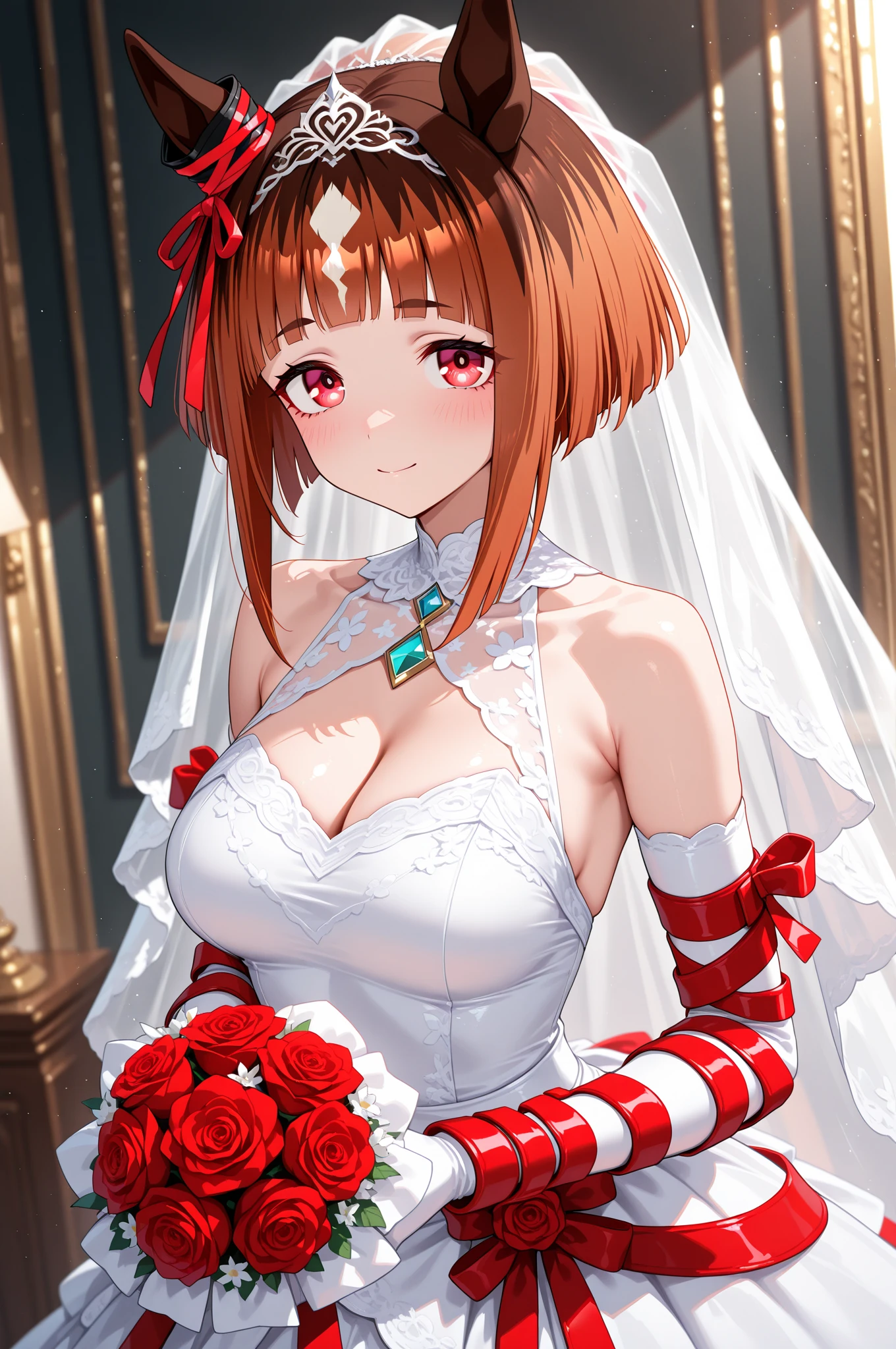 (1 person),(Best image quality, 8k, masterpiece:1.3),((Brown hair bob cut:1.1)),(Swept-apart bangs,Braiding), (Cute eyes, Dark Eyes), (Mole under right eye), (Slender), (Large Breasts),(Glowing Skin:1.1),(Pale skin:1.2),(A fantastic atmosphere),(look up),Ultra-high resolution, Textured skin, Sparkle Effect, Gazing at the audience,
wedding,church,
Black lace bra,Black lace panties,bride,Black garter belt,Yellow bouquet,Red wedding dress,Red Off Shoulder Dress,Gold Tiara,Cleavage,happiness/joy, belly button,Veil,Raise your hand,side