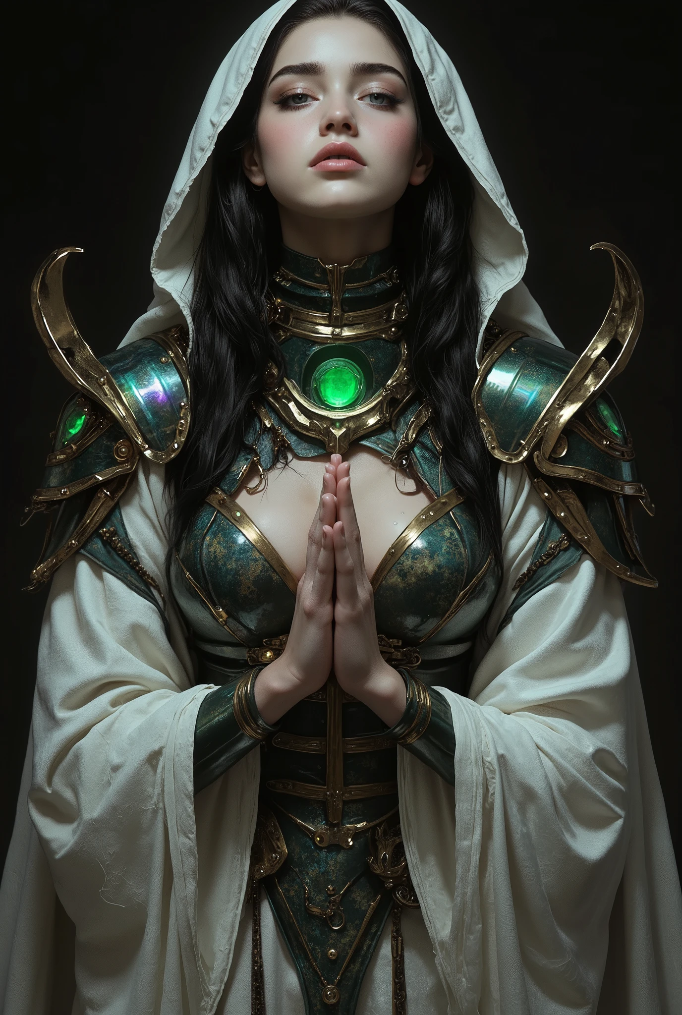 (best quality, 4k, highres, masterpiece:1.2) , ultra-detailed, (realistic, photorealistic:1.37), mysterious and beautiful female humanoid creature with glowing green eyes embedded in its iridescent armor, her hands are clasped together as if in prayer, elegant futuristic kimono with gold accents, monochrome color scheme, dramatic studio lighting, ultra detailed, by H. R. Giger and Yoji Shinkawa, anime style render