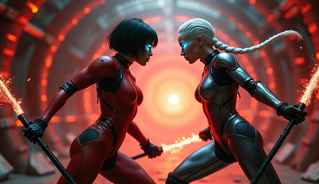 there are many red mannequins in a hallway of a building, depicted as a scifi scene, film screenshot, wearing atsuko kudo latex outfit, in screenshot from the 300 movie, pacing in server room, helmets, machine elves, by Jacek Sempoliński, promotional artwork, gloss --ar 16:9 --auto --s2