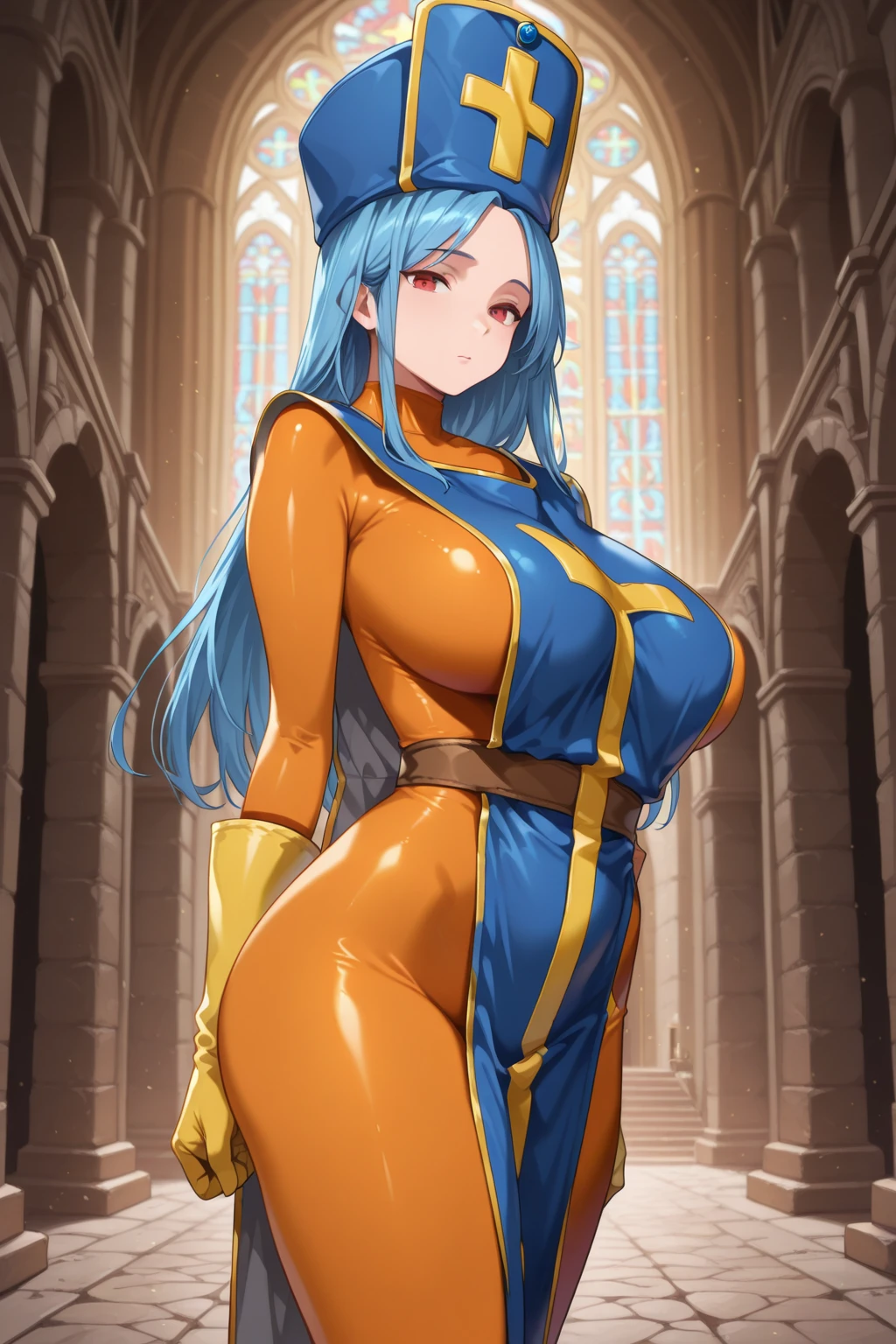masterpiece, Highest quality, Unreal Engine, Super Resolution, Very detailed,
Beautiful woman, Dragon Quest Female Monk, long sky blue hair, Blue priest hat, (Orange bodysuit), Mitra, Tabard, Elbow-length gloves, Vivid expression, Healthy Body, Beautifully detailed sweat glands, Smooth skin texture, Carefully drawn,
(humidity:1.5), (Lewd Scent:1.5), Beautiful Eyes, (Attractive face:1.2), (Beautiful Skin), Tight waist, (Big Breasts), Round Breasts, (Sticky with sweat), Irresistibly sexy pose,
In the world of Dragon Quest, ((In a room filled with the smoke of aphrodisiac incense)),