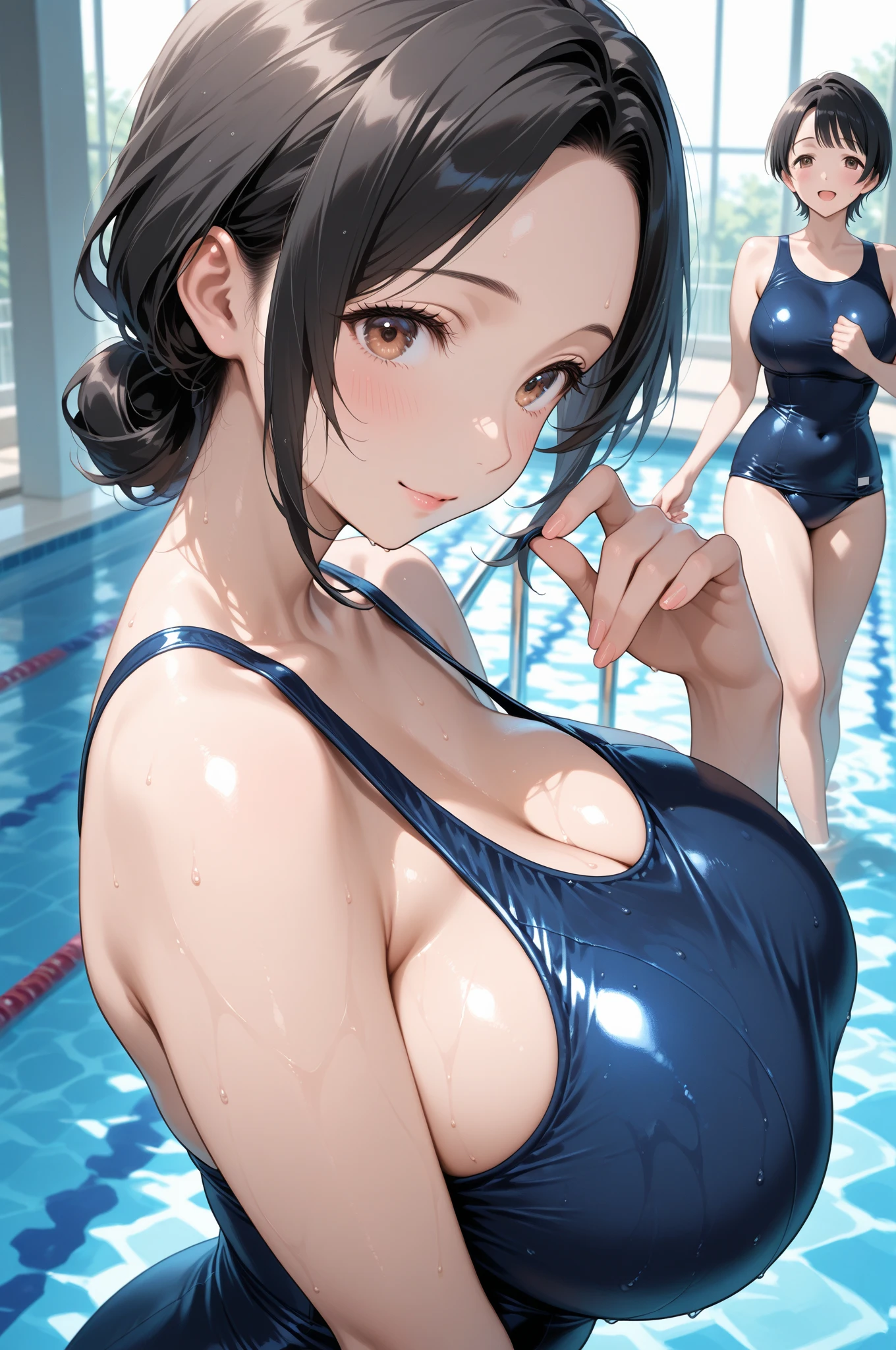 High resolution, woman , good lighting, despicable, , (No nudity), (((Dark blue shiny school swimsuit))), pool, cute face, I&#39;m embarrassed and blush, humiliating, ((足を広げてsit)), ((wet with sweat))((A sticky  adheres to your swimsuit.))sit、