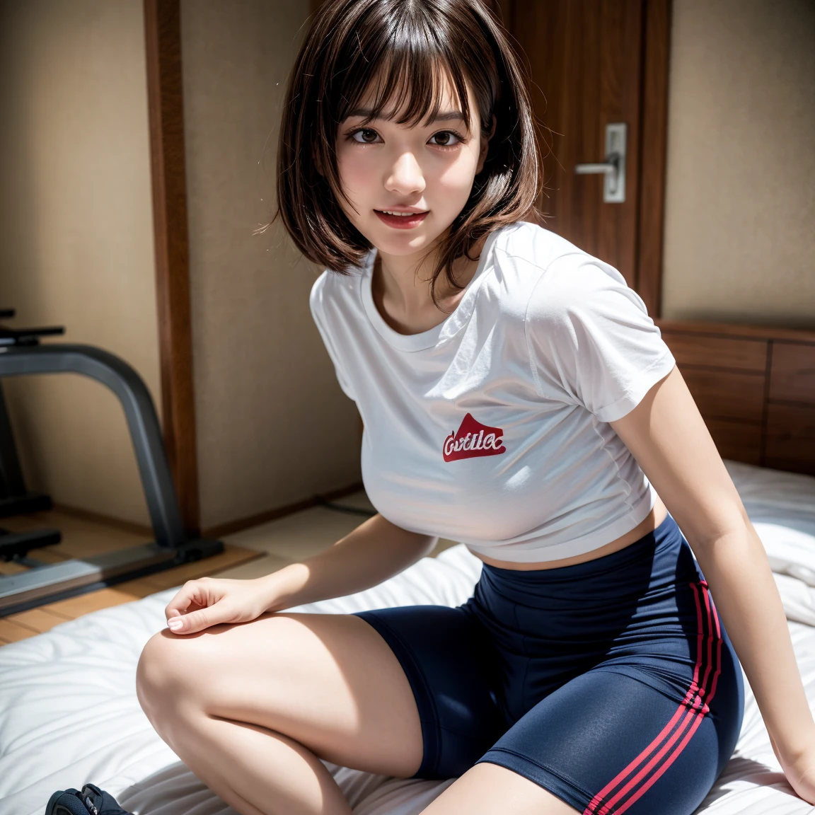 (masterpiece:1.3), (8K、photorealistic, Raw photo, best quality:1.2), (solo), (1 girl), (cute:1.3), (very beautiful 14 year old japanese girl), wonderful smile, cheeks are red, (high detail skin: 1.2), Photorealistic anime girl rendering, Realistic anime 3d style, beautiful brown hair bob cut, intense black eyes, strong eye highlights, (Accurate and natural normal size breasts), perfect anatomy, hair is messy, (buruma), (old style sportswear), (white tight short sleeve shirt, dark blue short tight shorts), accurate arm, five fingers, accurate legs, On the bench, get up, show off your bloomers, Small area sportswear, volume lighting, soft light, bright, neon, Bright colors