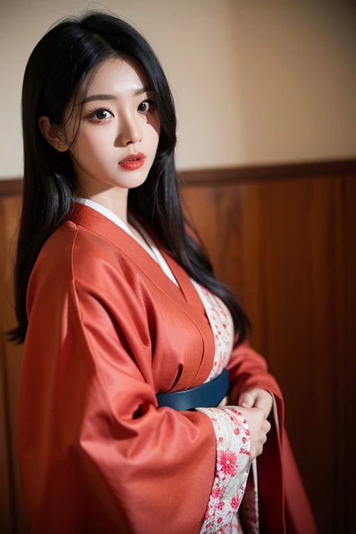 girl、Beauty、Red colored kimono、Unbuttoned、girl座り、front、Tatami room、Powder、Shoji screen、tatami、Dark atmosphere、candle、