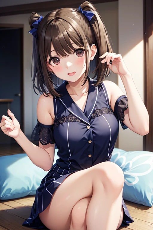 Cute sexy girl, The brunette is tied into two medium ponytails, Suggestive sexy eyes, dark brown colored eyes, small-nose, red open suggestive lips, Blushing terribly, coll, 鎖骨, Oversized purple T-shirt, Bare shoulders, medium chest circumference, Chopping, Wide hips, pink short, Thigh thick, pretty legs, duty posture, Lie down in bed, facing to audience, look, ???? expression, sexy for, dark chamber, A warm light