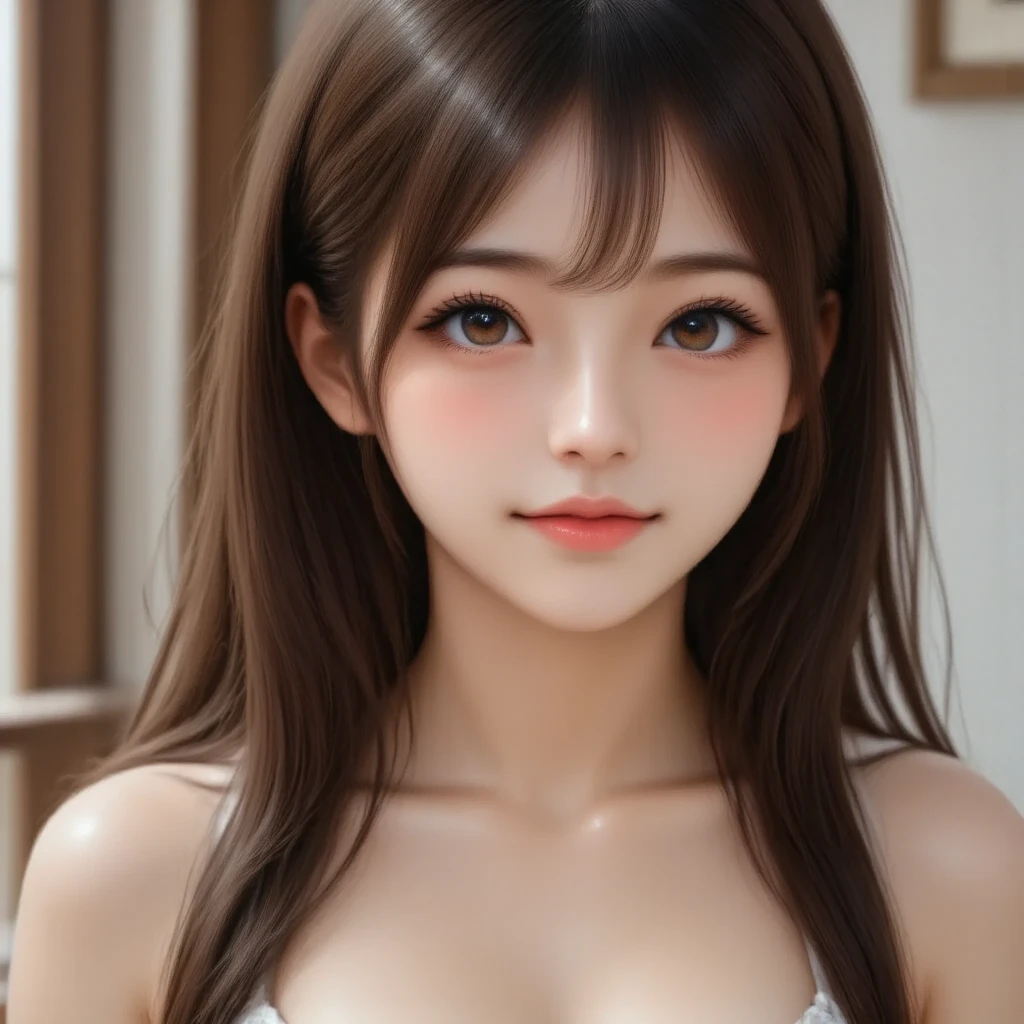 (((best quality))),1 female,Cool Beauty,slender face,thin eyebrows,Black Hair,Brown eyes,medium hair,straight hair,looking at viewer,bedroom,medium chest,20th Generation,No pubic hair,Height: 165cm,full body,Pink underwear,Cool Beauty,