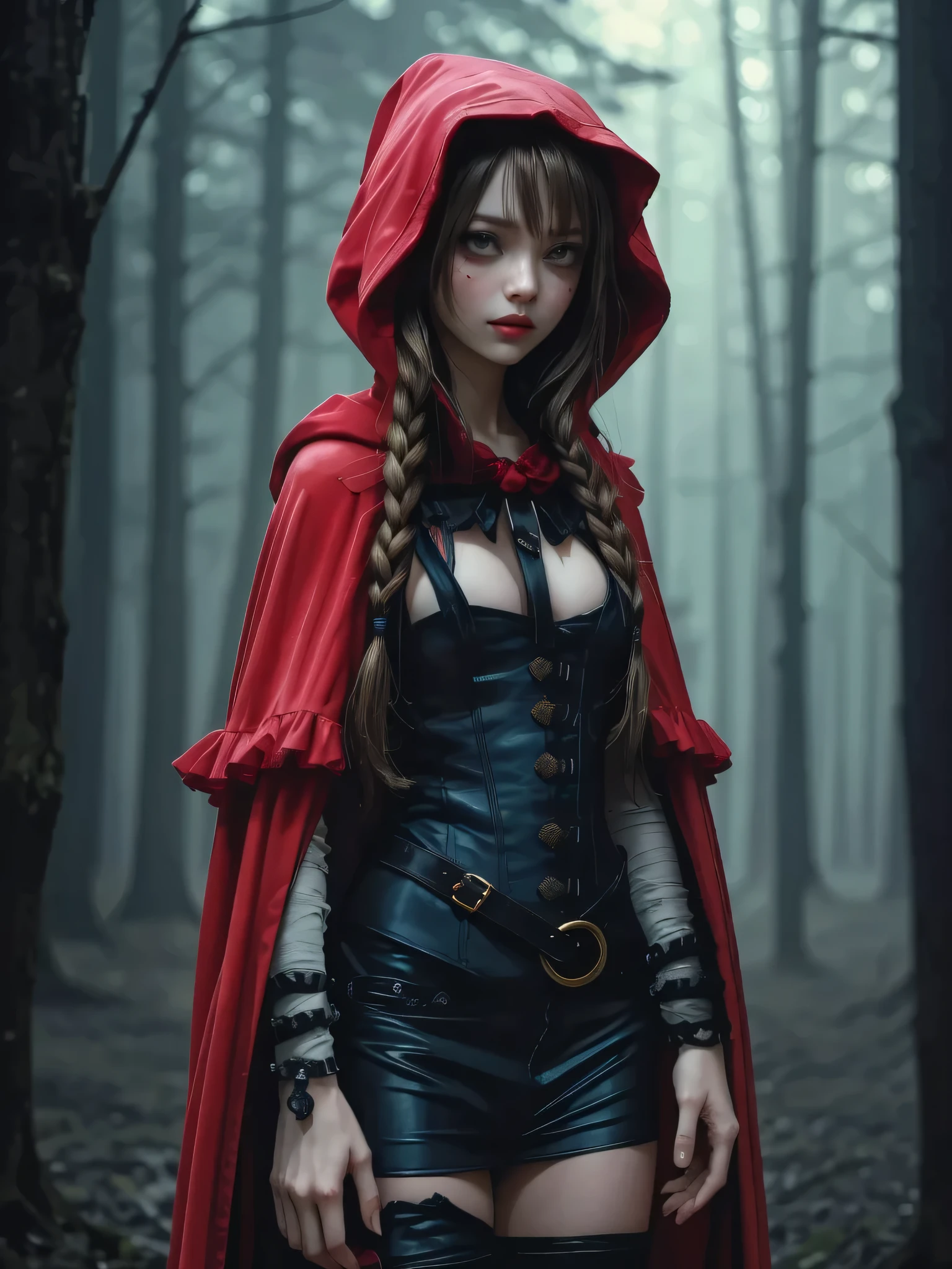 ((Highly accurate drawing across the details) Extremely accurate depiction )[high resolution],((realistic texture expression)),(Clear and precise illustrations),(Very fine and precise drawing ),(Delicate lines with slow speed)[[Beautifully color-tressed main lines]],[Deep Nordic forest],((Irish girl[Beautiful girl]) Beauty [13 years old](彫りの深い顔だちのBeautiful girl( beautiful big eyes [(A tall nose with a beautiful shape) has a neat face with a straight nose])[Chin line with a clear impression]))[braided hair]Medium build[[yandere]Morbid facial expression][Witch Hunt[ Lycan Slope (Werewolf)]],((Little Red Riding Hood[Long rag cape])[(frills)ribbon])leather corset[[garter belt]][Meat cleaver[Damascus knife]][[punk fashion[Tack]]Bondage]],gravure[[Bizarre atmosphere]Modern horror],(Fine, and beautiful skin expression[Transparency]),(精密に細部まで描画された美しい目のdetails)[[深いTransparency][Sharply defined pupils](A jewel-like iris)((Beautiful eyes clearly drawn down to the smallest detail))]),[[Eye Light[Pinpoint lighting for the eyes]]],[Long and beautiful eyelashes],[Soft looking lips],[[Uncluttered hairstyle]Intricately drawn hair[美しく艷やかな髪のdetails]],(完璧な手のdetails[Beautiful fingers without flaws[Beautiful nails]]),[[[[Beautiful navel]リアルな臍のdetails]]],(Perfect Anatomy(Perfect, well-balanced proportions))[[full body view:0.4]],[[High level of design[The golden ratio]]][ideal color coordination(accurate simulation of the interaction between light and material)[Beautiful and vivid color]],([precise details](details,高Fine)),[[Deep color(Transparency)]][Narrative visual art][[Natural Eros]],[[Personalization]]((top quality)Fine[[High density drawing]])(最high resolution).