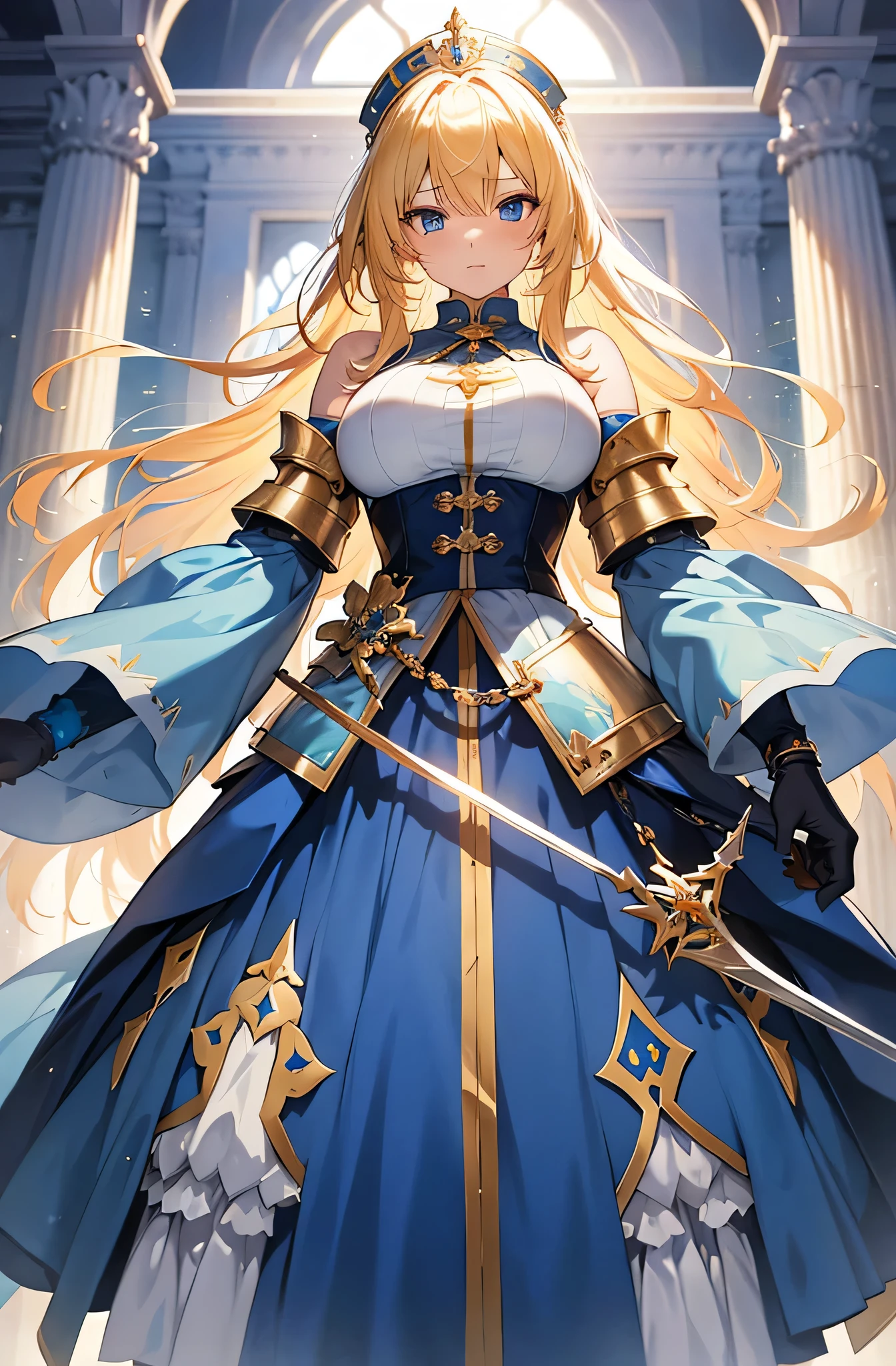4k,High resolution, one woman,blonde,long hair,blue eyes,big breasts,Princess,Princess騎士,white holy armor,heavy armor,白色のPrincessのドレス,Princessのティアラ,jewelry embellishments,long sword,medieval castle town