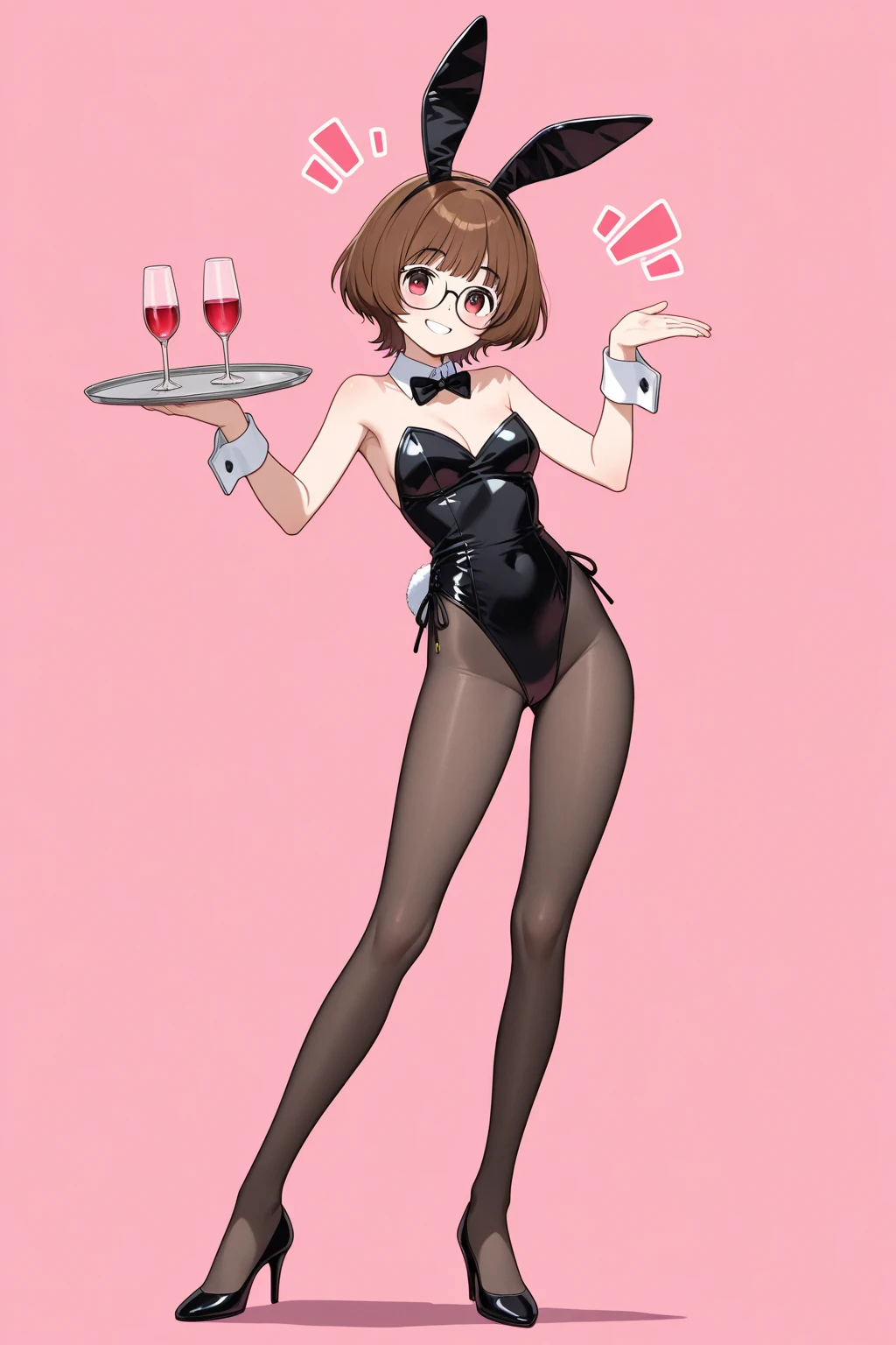 masterpiece, absurdres , 1girl, hairclip, playboy bunny, rabbit ears, fake animal ears,latex leotard,holding tray,indoors, restaurant,smile,closed eyes,^ ^, thighs, surprised,  (iwanagakotoko:0.9),