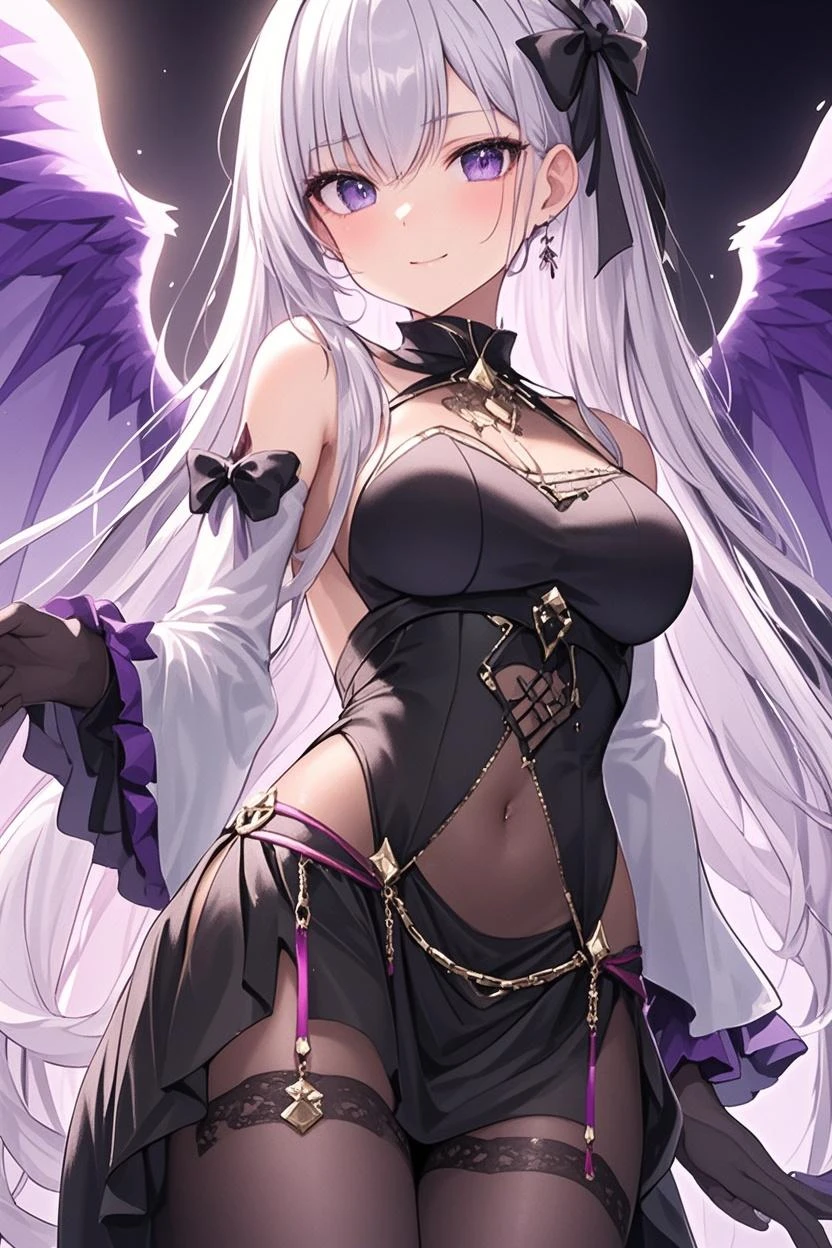 ((Masterpiece)), beautiful details, perfect focus, uniform 8K wallpaper, 2160p, high resolution, exquisite texture in every detail, Medium shot photograph, perfect eyes very high detailed, perfect pupils, sclera eyes detail, eyes:1.2, human anatomy correct, pastel, hyper_detailed:1.5, (picture perfect:1.4), detailed background, masterpiece, best quality, ((1girl)), solo, looking at viewer, long-hair, two-tone hair, white hair, multicolored hair, heterochromia eyes, Red green eyes, ((((gigants breasts)))), standing, anatomy human perfect, hidden hands, ((((hands on things)))), pose of hands on one side of the thighs, (((well drawn and drawn hands: 1.5))), ((5 fingers perfect)), ((human hand perfect)), posture front view, front angle, blush, bangs, thighhighs, navel, hair between eyes, garter belt, crossed bangs, perfect eyes,