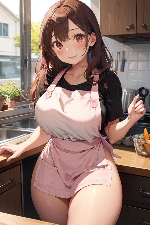 (dynamic angle:1.3, front view:1.1, breast focus:1.3, from above:1.1), (dynamic posing:1.2, sexy posing:1.2), (seductive smiling:1.3), ((looking at cake,Taking a cake out of the golden oven, worried about the outcome:1.2)),highest quality、(real、photorealistic:1.4),(ultra high resolution, 8K RAW photo, clear focus), best qualtiy, natural lighting, field depth, (Bright pupils, detailed beautiful eyes, high detailed face), Red lip, (tight focus:1.2), a girl 22yo old, Wearing a pastry chef uniform:1.3 , Thicc, thin breast, long hair, blue eyes,garter stocking, cleavage:1.2, midriff, black shorts, black thighhighs, thigh strap, pretty girl, (highly detailed beautiful face and eyes,firm breasts),real skin,((black,hair,long pony tail hair)),thin pubic hair,cute,lovely, detailed eyes,(double breasted:1.0,under bust:1.0),(with sparkling eyes and a contagious smile),open mouth, Looking at Viewer,A scene of cooking in the kitchen,looking at the golden oven