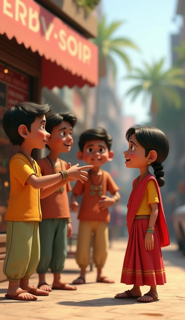 In 3D animation style:Ramesh’s children, Seema and Ajay**, standing outside a village school, looking longingly at the children inside who are attending class.