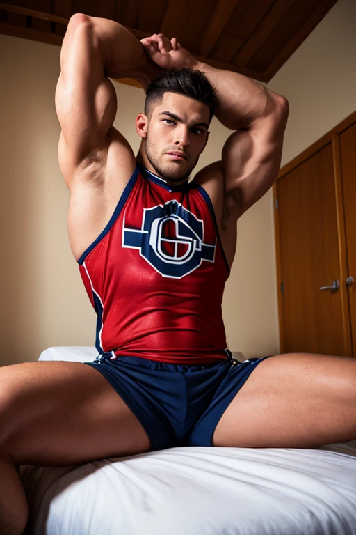 Handsome Men, shirtless, wearing suspender braces attached to underwear, lying on bed,