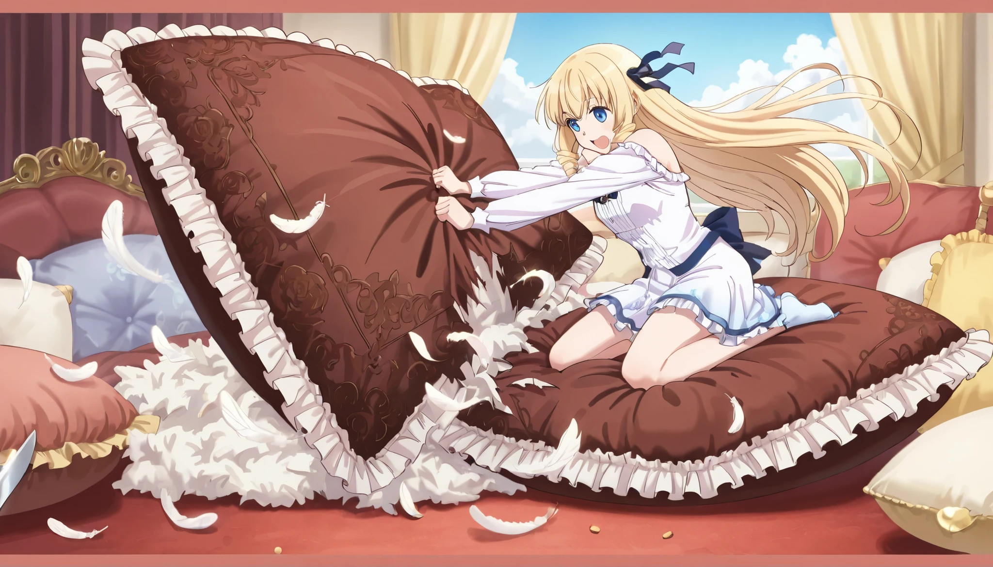 (score_9:0.9),score_8_up,score_7_up,negative_hand, realistic,LatifaPajamas, drill hair, blonde hair, blue eyes, pink pajamas, frills, off shoulders,over elbow glove, underwear, lingerie, panties, satin, 1girl, solo, nsfw, full body, whole body view, open mouth, indoors, luxury room, luxury bedroom, bed, on bed, king size bed, blue bedsheet, blue duvet, blue comforter,pillow, frilled pillow, (((blue satin pillow))), lace pillow, euro patterned pillow,exquisite pattern pillow, luxury pattern, Pillow on the bed, many large pillows on everywhere, canopy, large pillow, giant pillow, oversize pillow, pile of pillows at the background, pile of pillows on the floor, many pillows on everywhere, knife, ripping pillow, destroying pillow