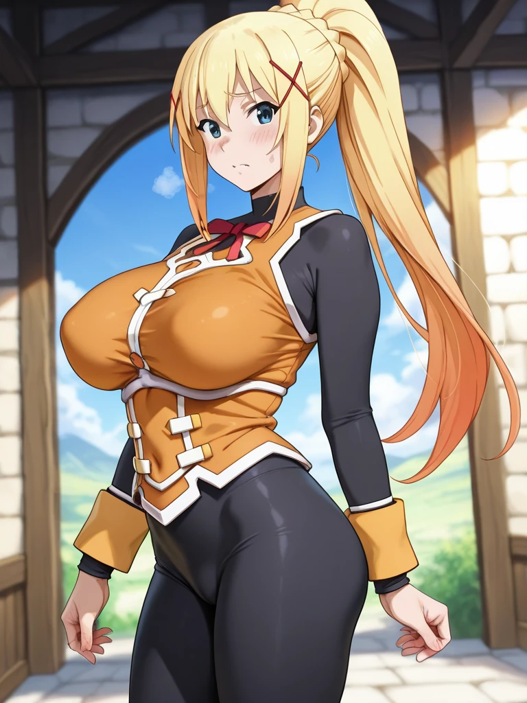 Lalatina Dustiness Ford, hot horny and sexy blonde muscle girl, athletic female body, yellow-orange bra and panties, stockings, choker, only one girl