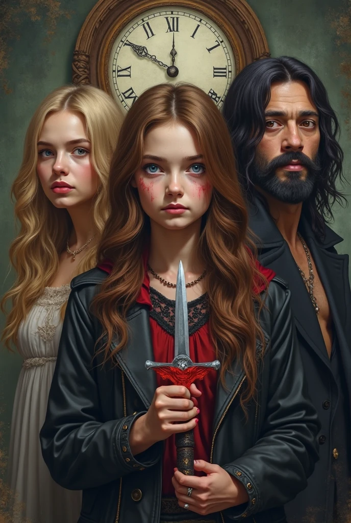 A half-body, portrait of 3 girls German children long blonde hair of 12 years, red leather jackets, holding in their hands a cross, background of chains, chain, more chains, many chains, , red, red fire, many background flames.