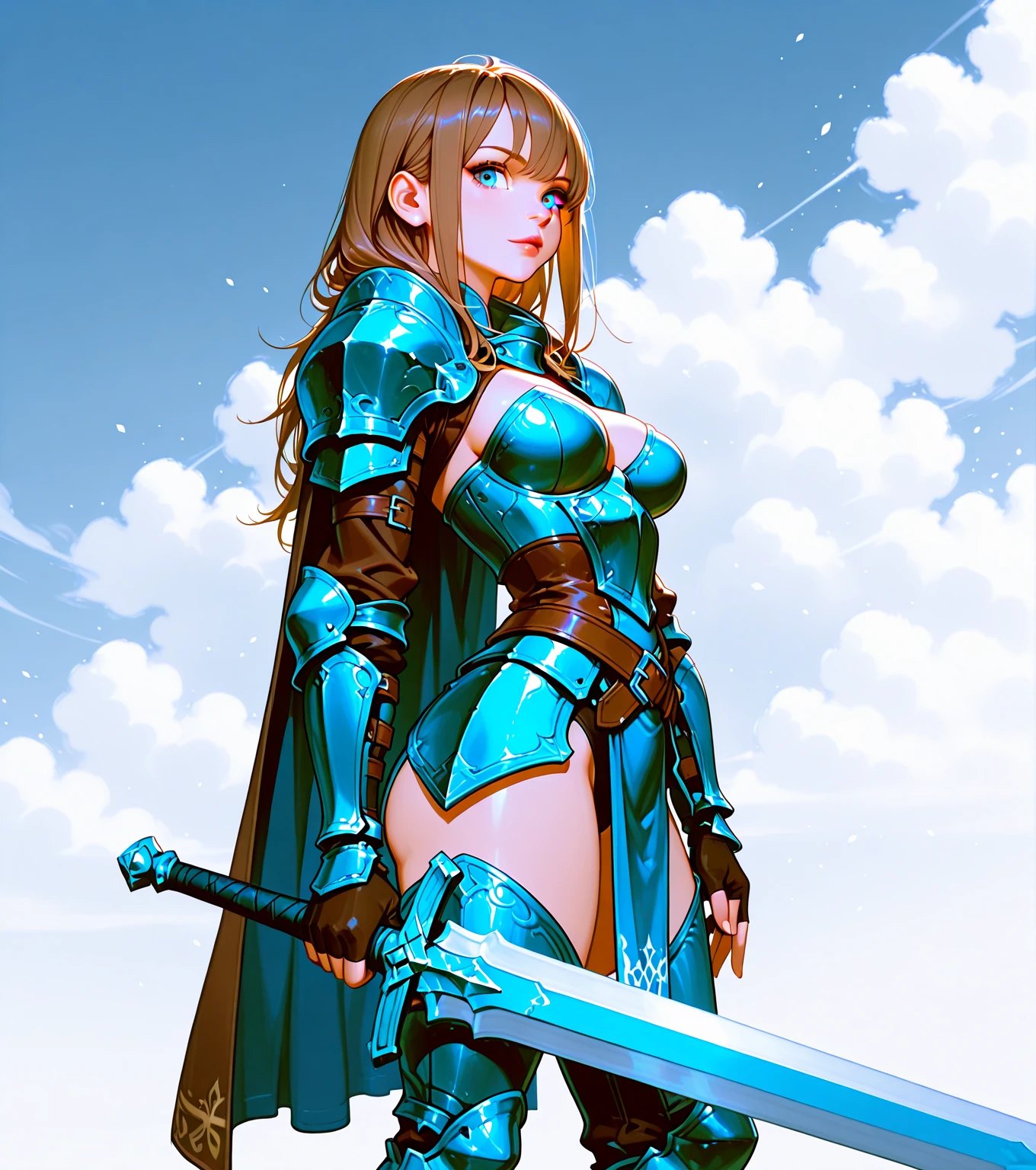masterpiece, best quality, highres, katalina (granblue fantasy), armor, gauntlets, belt, breastplate, shoulder armor, cape, pauldrons, pants, boots, forest,