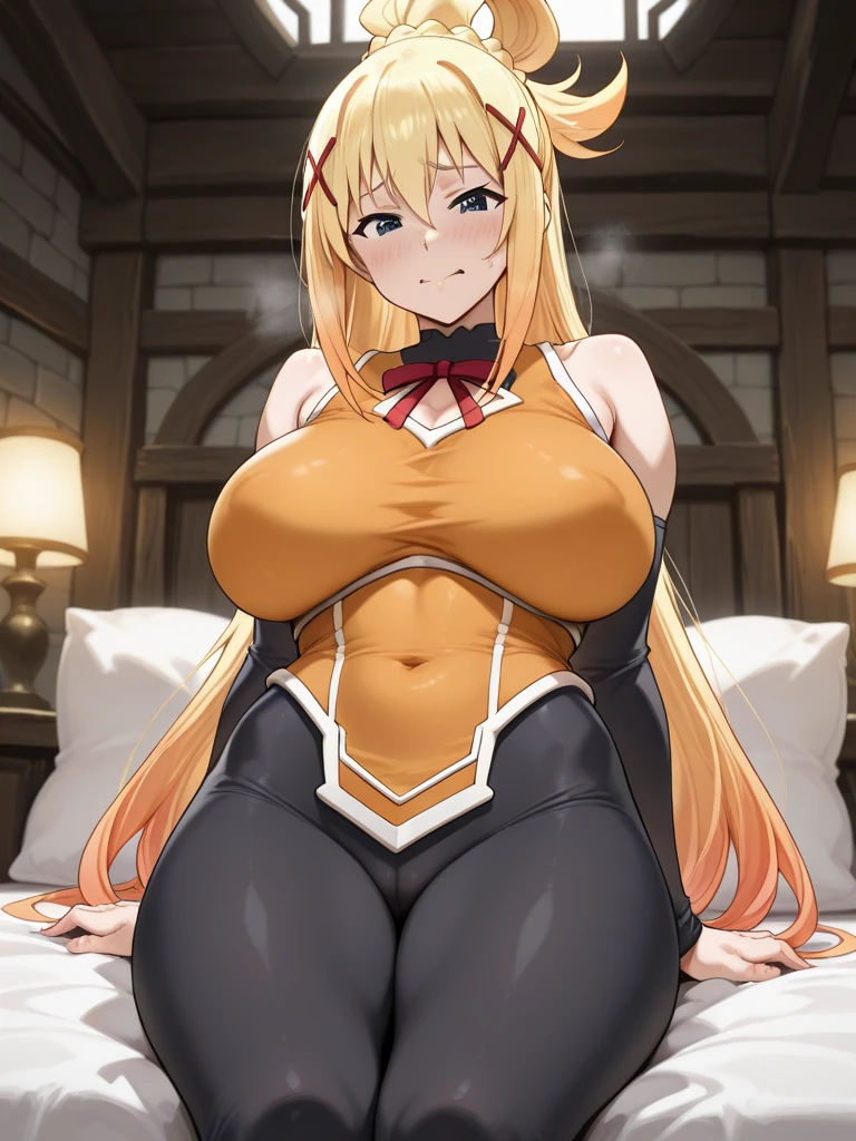 (8k, RAW photos, top quality, masterpiece: 1.2), (High Quality), ray tracing, HDR, (High Details), (Face detail), (Shadow Detail), (amplected), stylized blush, 3d, 3d render, 1girl, solo, masterpiece, best quality, high quality, highres, 4K, (floating hearts:1.5), (heart-shaped pupils1.5), seductive glare, lip gloss, makeup, woman, detailed, cleavage, thick thighs, 1girl, solo, masterpiece, best quality, high quality, highres, 4K, tohru, orange hair, maid outfit, tie, slim waist, long hair,