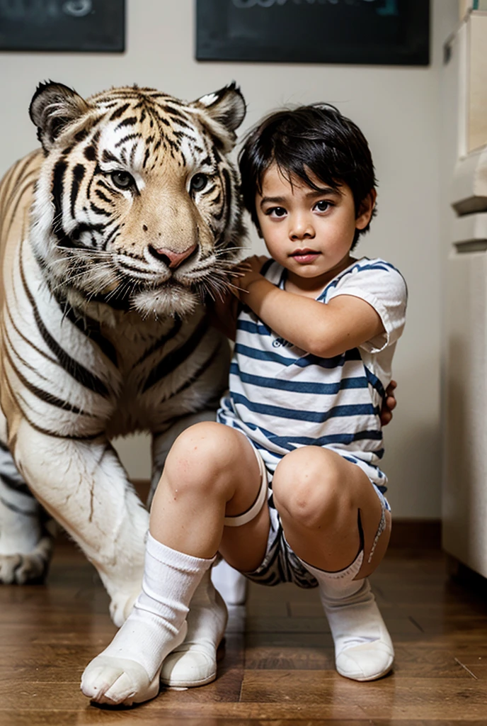 A little boy is sitting next to a tiger