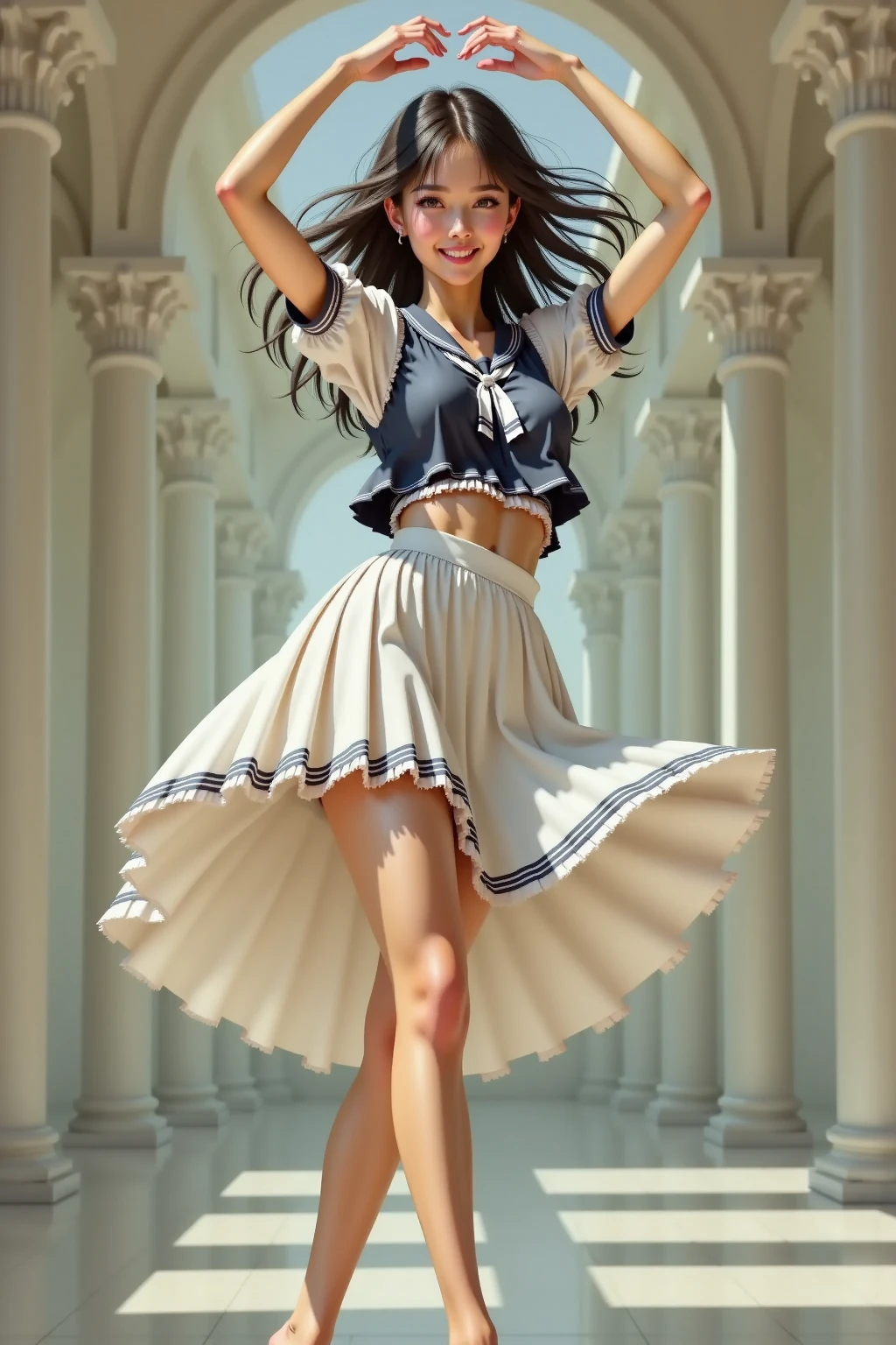 1girl, A sensual Rachel Cook.  (((No panties, bare naked vagina,  perfect pussy))),  view from below,  (((wearing a loose fitting, short, red, floral sundress))), medium breasts, cleavage.  Sideboobs.  ((White running shoes, no socks)). (((Bright blue eyes))).  Pin-up painting from the '50s, in the art style of Alberto Vargas,, award-winning, masterpiece  