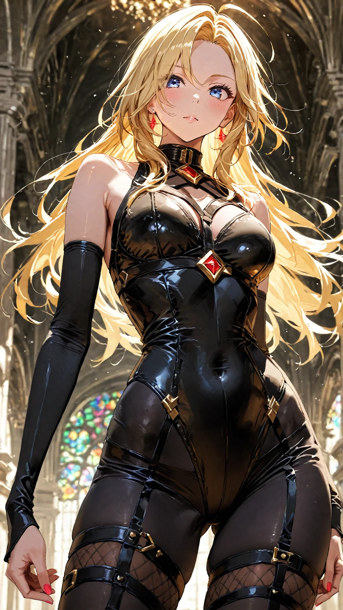 Super detailed、highest quality、Best image quality、masterpiece、8K、Anime Face、A kind smile、Open Mouth、Sparkling Blue Eyes、(Long blonde wavy hair:1.5)、Heavy bangs、Wearing a maid headband、(SFW huge body)、(((Rear view)))、Cowboy Shot、(Wearing a white thong:1.3)、Muscles of the whole body、Kneel、(Place your hands on your hips:1.2)、(Bondage Fashion:1.5)