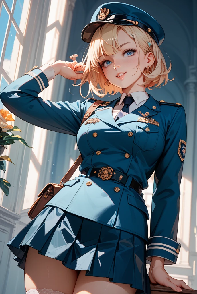 ((best quality)), ((masterpiece)), ((realistic)), (detailed), 1girl, gorgeous, pale skin, curvy body, very short hair, bangs, blonde hair, wavy hair, blue eyes, grin, in military uniform, epaulettes, (greeting:1.4), on airport, cowboy shot, extremely detailed CG unity 8k wallpaper, (ultra detailed),(ultra realistic), RAW photo, photorealistic, 8k, high res, extremely detailed face, sharp focus, intricate details, absurdres