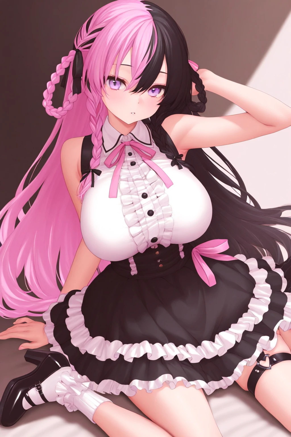 Girl with pastel hair by shoulders. Green eyes. Big breast. Black bodice of the dress. White collar. Black cuffs. Pink sleeves apart. Black headband with white bows. Pink chocker. Pink mini skirt. Black stockings. Hight bright pink boots with black bows. (Blush 4)
