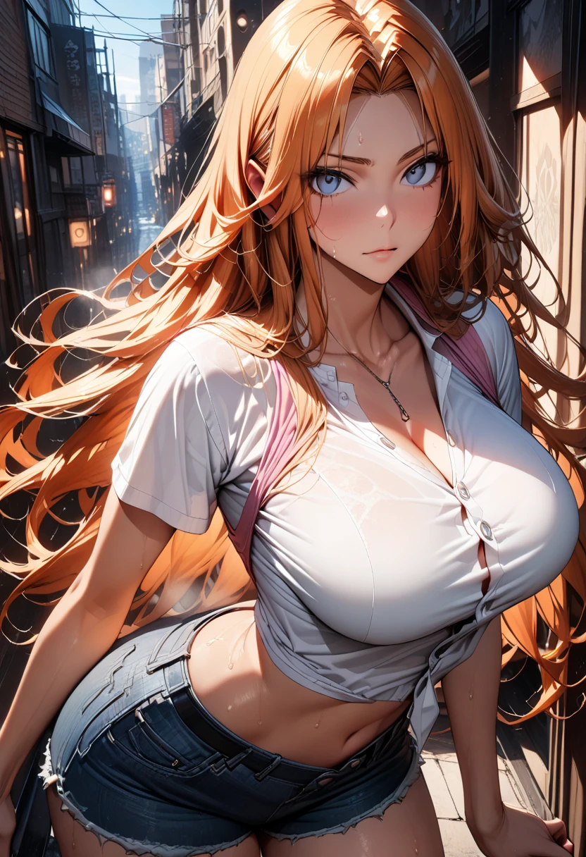 (masterpiece:1.5),(best quality:1.5),(high resolution:1.5),(8k:1,5),(perfect face:1.5),(beautiful detailed eyes:1.5),(Cowboy Shot:1.5) ,(extremely detailed face:1.5),(perfect lighting:1.5),(extremely detailed CG:1.5), (perfect hands:1.5),(perfect anatomy:1.5),,(perfect body:1.5),(perfect hands:1.5),(perfect fingers:1.5),(full body:1.3),,(1woman:1.3),(megami magazine:1.3),pale skin,(fighter:1.5),Naegleria nebilosus, (blond eyes:1.3), (right scarlet long hair:1.5),(large breasts:1.4),(large ass:1.5),(white Tank top:1.3),(very shorts blue chuck denim:1.5),(open denim chuck:1.5),break indoors,(looking at viewer:1.3),(Turn your body to the front:1.3),