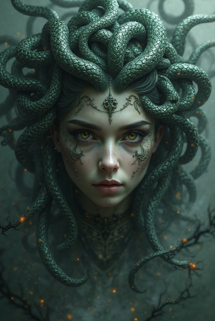 ((best quality)), ((masterpiece)), ((realistic)), Medusa, full body, the hair is composed of countless small snakes, green eyes, female face, metal carved top, royal aura, trend on artstation , sharp focus, studio photo, intricate detail, very detailed, detailed eye, illustration, very detailed, sharp focus, digital render, professional, 4k