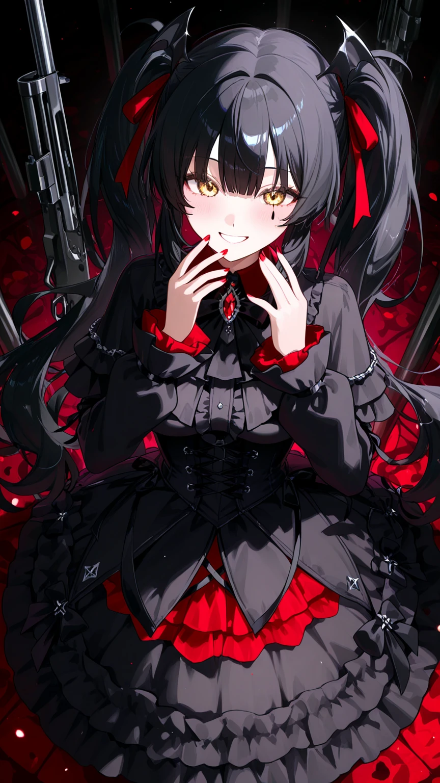 1girl, black hair, (red eye) ,red rose, Red bow, black noble dress ,pale skin,
(high resolution, high detail, best quality), mysterious, elegant