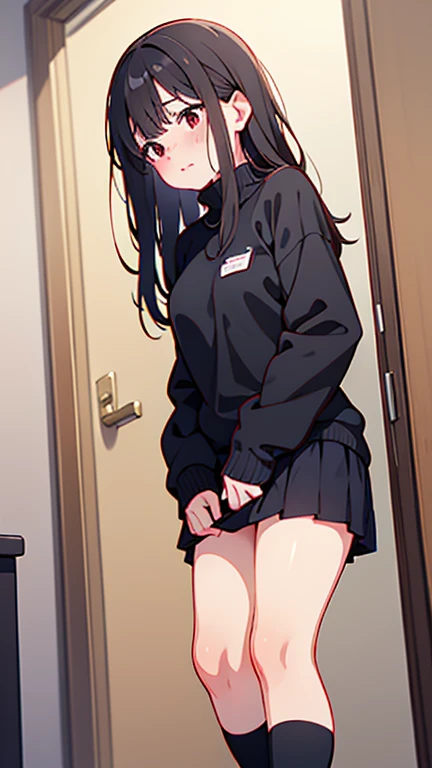adulto, Cabello negro ondulado, mirada penetrante con ojos profundos de color rojo, estatura promedio, Silky hair with a ponytail hairstyle collected with a red bow with two white lines, tiene pechos medianos, primer plano, session, standing in the middle of his room [[[Risa malvada]]] , Sonrojada, muslos grandes, falda corta color negra, blusa corta de tirantes blanca, elfa, showing her ass to the camera, lifting her skirt so that her panties can be seen, skirt rising,falda corta, falda llegando hasta la mitad del culo, bragas blancas, mojada, se levanta la falta hasta arriba dejando ver todo su culo, tiene vajina 