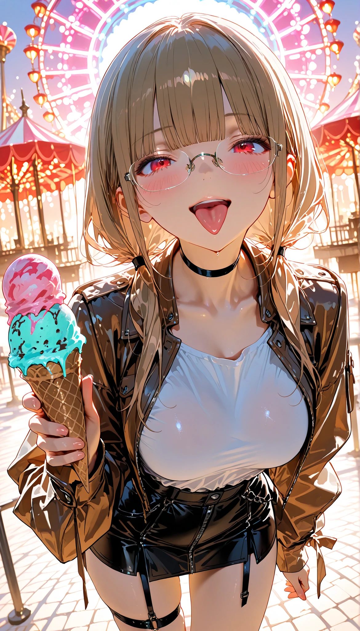 1 girl, small nose, very beautiful detailed face and eyes, bright colors, cute face, delicate beautiful face, Bright magenta eyes, cute eyes, sparkling eyes, Big eyes, (small breasts:1.3), (perky chest:1.1), (pointed chest:1.0), (icecream magazine cover:1.3),highest quality, WorKs of masters, High resolution,BlacK color hair,shiny hair, side ponytail,hair between eyes,bangs, (black jacket, real clothes, cleavage, black skirts, black thighhighs, thigh strap, fingerless gloves, single glove:1.2) , spread legs, panties shot, medium hips, glamorous body, white skin, smile, thin pubric hair, super beautiful face, Super beautiful eyes, Super beautiful hair,trendy outfit,sexy and attractive,full body esbian, Real World, Natural light,perfect Natural light,(with sparkling eyes and a contagious smile), This masterpiece is not only visually stunning but also tells, make of cake cooking , in the kitchen, open mouth, looking at viewer,