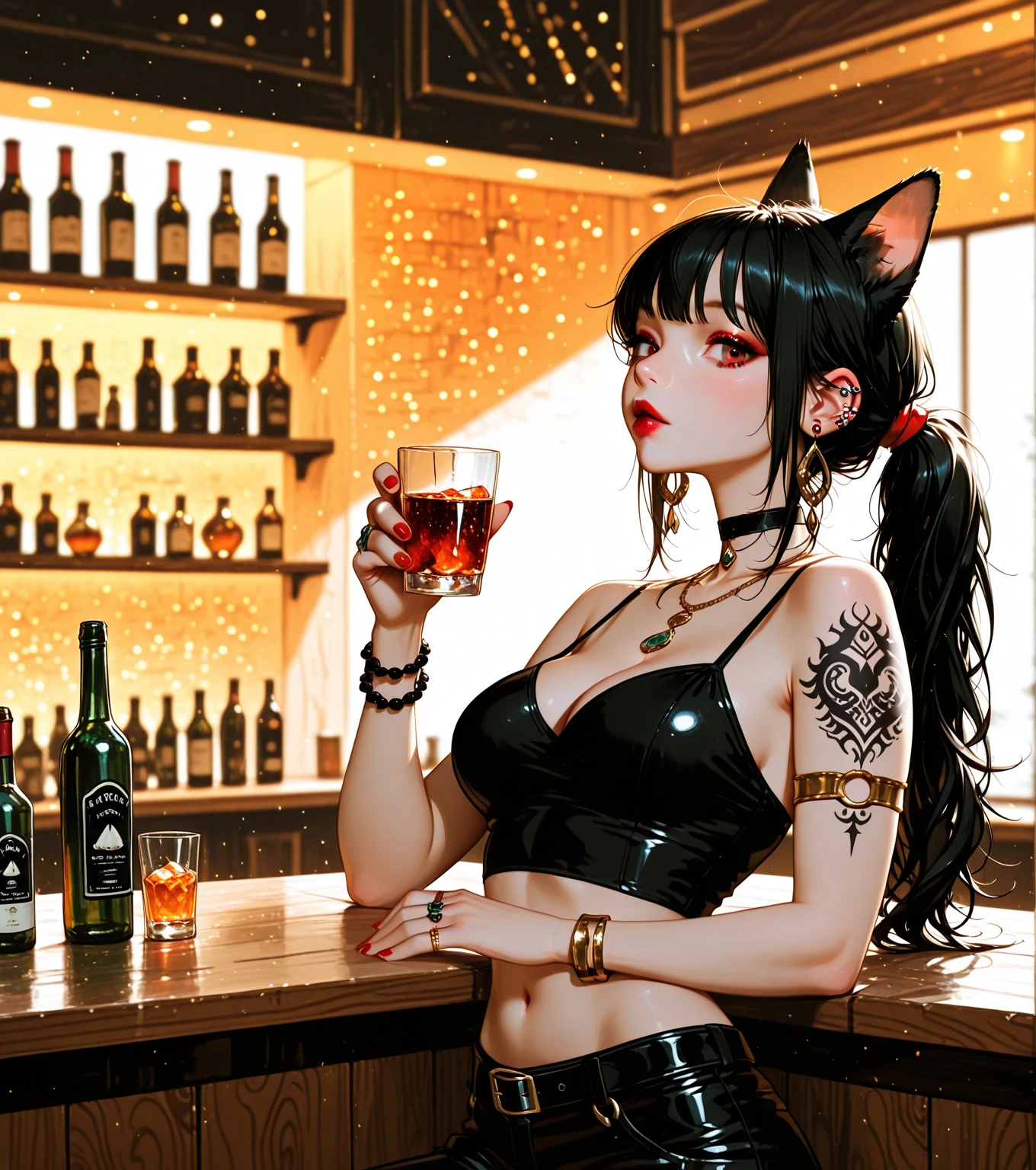 junkotvv cat girl, (cabello largo negro, flequillo, orejas de gato, ojos rojos, coletas) ,sunset shimmer,, shirtless, overalls over skin, bare shoulders, bare sleeves, bare arms, cleavage, cleavage behind overalls, medium breasts, facing forward, side cut, torso shown, leaning forward, down blouse, cleavage, (cabaret, burlesque, glamour), half-closed eyes, looking at the viewer seductively, pub, tavern, smirk