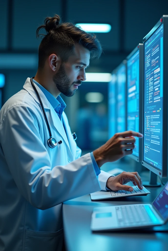 doctor writing a prescription on computer show doctor face and computer interface clearly also