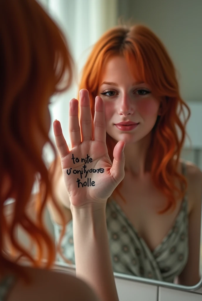 Beautiful girl nude with wavy long red hair, bohemian BODDY, holding a white board with text "I Love DAWFITO" and showing it to the viewer and your legs open sid in chair