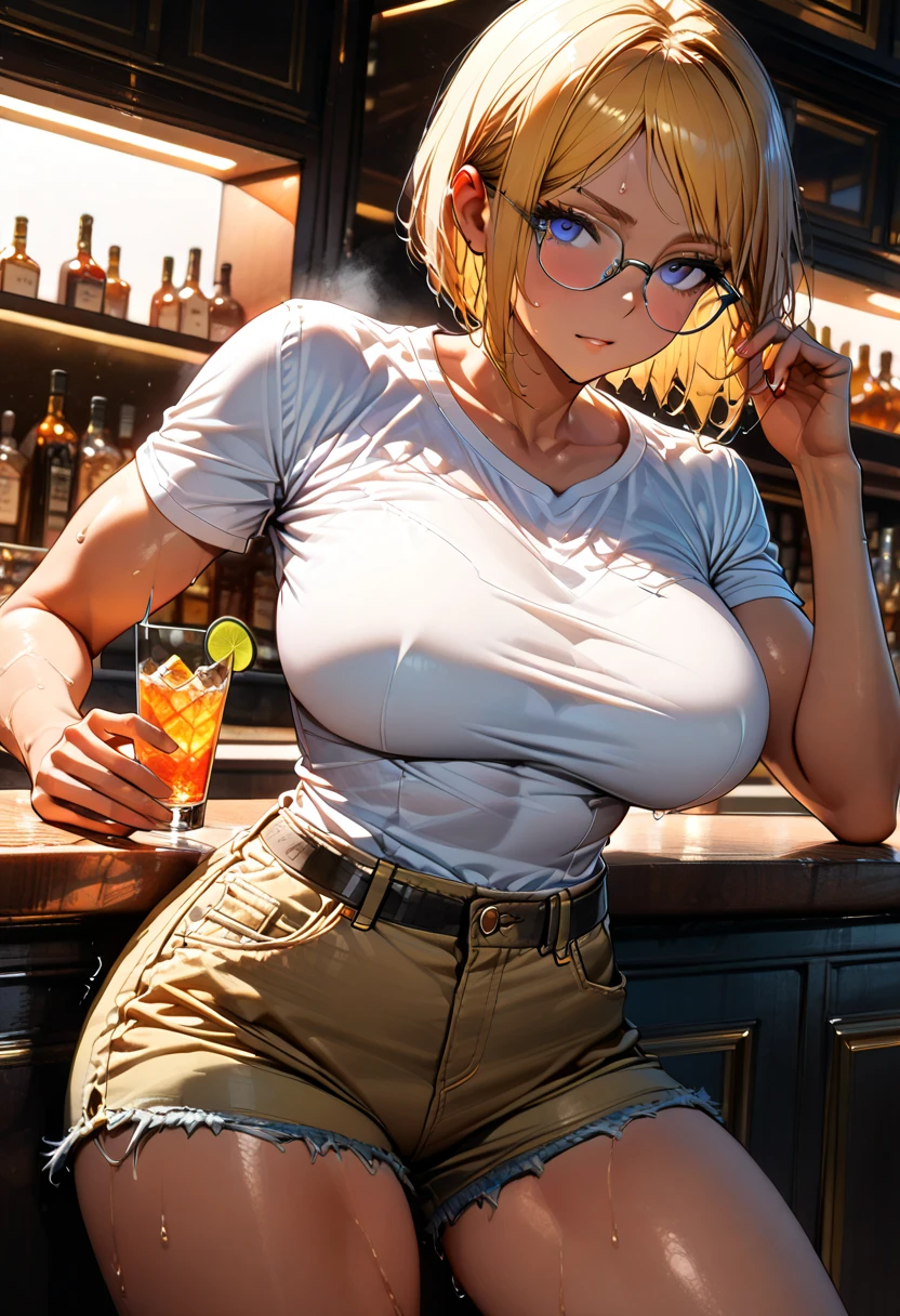 A mature woman, Light orange hair, Green Eyes, Smile, indoors, Large Breasts, whole body, Super Resolution, bloom, Very detailed, Perfect texture, high quality, Human Development Report, 8K, masterpiece,A hand holding a beer bottle,pajamas