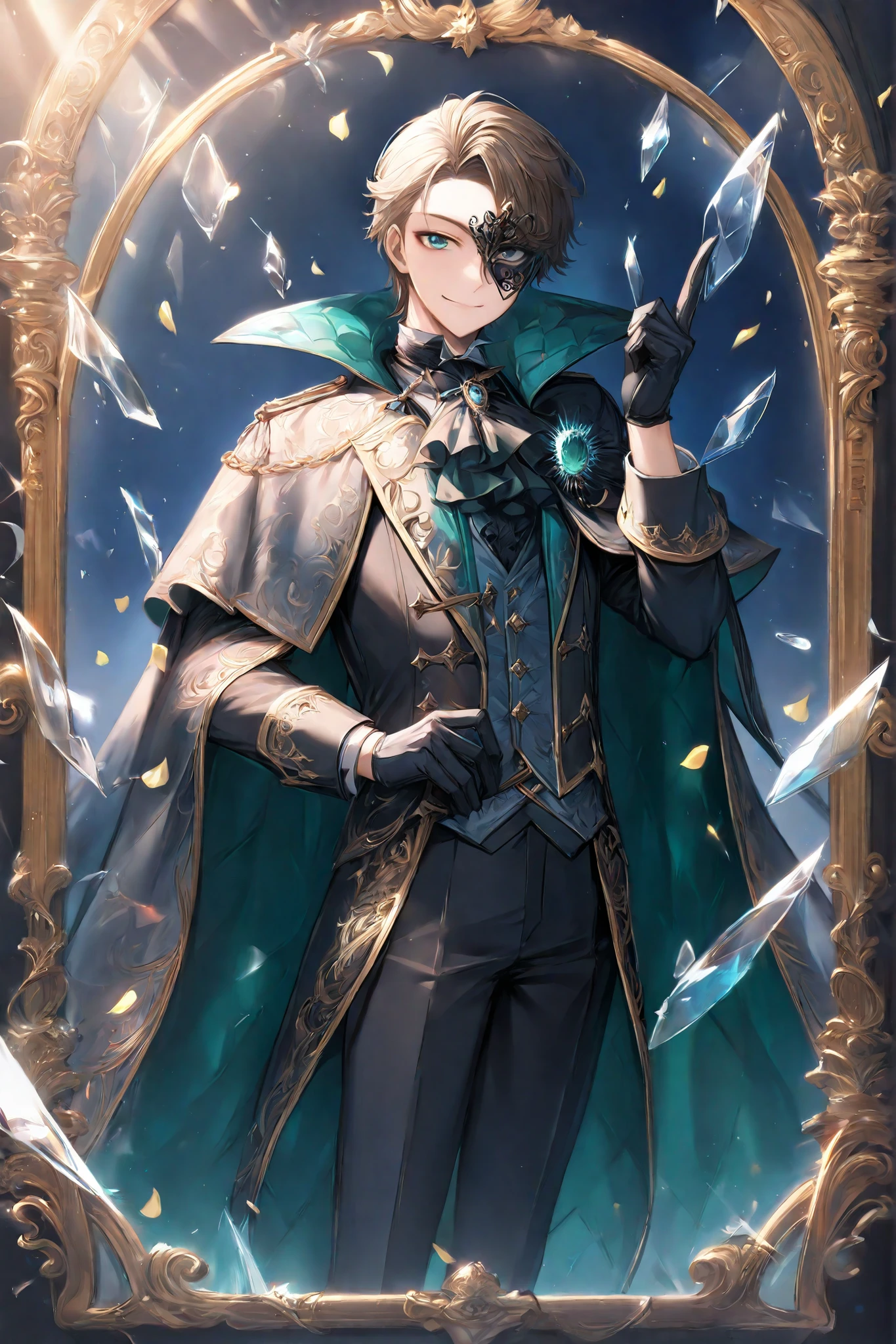 masterpiece, best quality, amazing quality, hyper-detailed, newest, very aesthetic, absurdres, highres, 1 boy, solo, A charismatic young nobleman seated in a confident pose amidst a surreal, dreamlike backdrop of shattered mirrors and ornate golden frames. He wears a dark, intricately embroidered coat with emerald-green accents and a regal cloak that drapes dramatically around him. His expression is calm and composed, a knowing smile resting on his lips as he raises a gloved finger to them in a keep quiet hand sign. One of his eyes is hidden behind an ornate black half-mask, adding to his enigmatic aura. Around him, several decorative masquerade masks float weightlessly, each unique in color and expression. Soft petals or confetti drift through the air, as if caught mid-moment in a grand, mysterious masquerade. The lighting is cool and ethereal, casting gentle glows on the reflective glass shards and illuminating the nobleman like the star of a hidden stage play