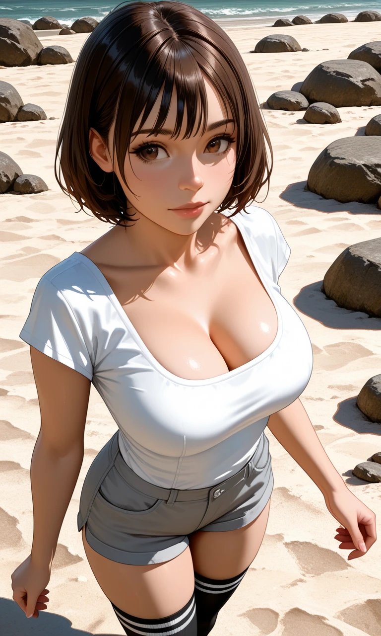 (masterpiece:1.5),(best quality:1.5),(high resolution:1.5),(8k:1,5),(perfect face:1.5),(beautiful detailed eyes:1.5),(Cowboy Shot:1.5) ,(extremely detailed face:1.5),(perfect lighting:1.5),(extremely detailed CG:1.5), (perfect hands:1.5),(perfect anatomy:1.5),,(perfect body:1.5),(perfect hands:1.5),(perfect fingers:1.5),(full body:1.3),,(1woman:1.3),(megami magazine:1.3),pale skin,(fighter:1.5),kotegawa chisa,(Sea and Beach:1.3),,(Brown eyes:1.3),brown short hair,(white shirt:1.3),(pencil skirt:1.3),(Wear a business suit unbuttoned over a shirt :1.3)(large breasts:1.2),(large ass:1.3)(alone:1.5),,,standing,,(Look at the front looking at viewer:1.3),(dress see through:1.2),(dress cameltoe:1.2),(Sexy look:1.4),(girl trembling with sexual climax:1.2),(sweat:1.3),