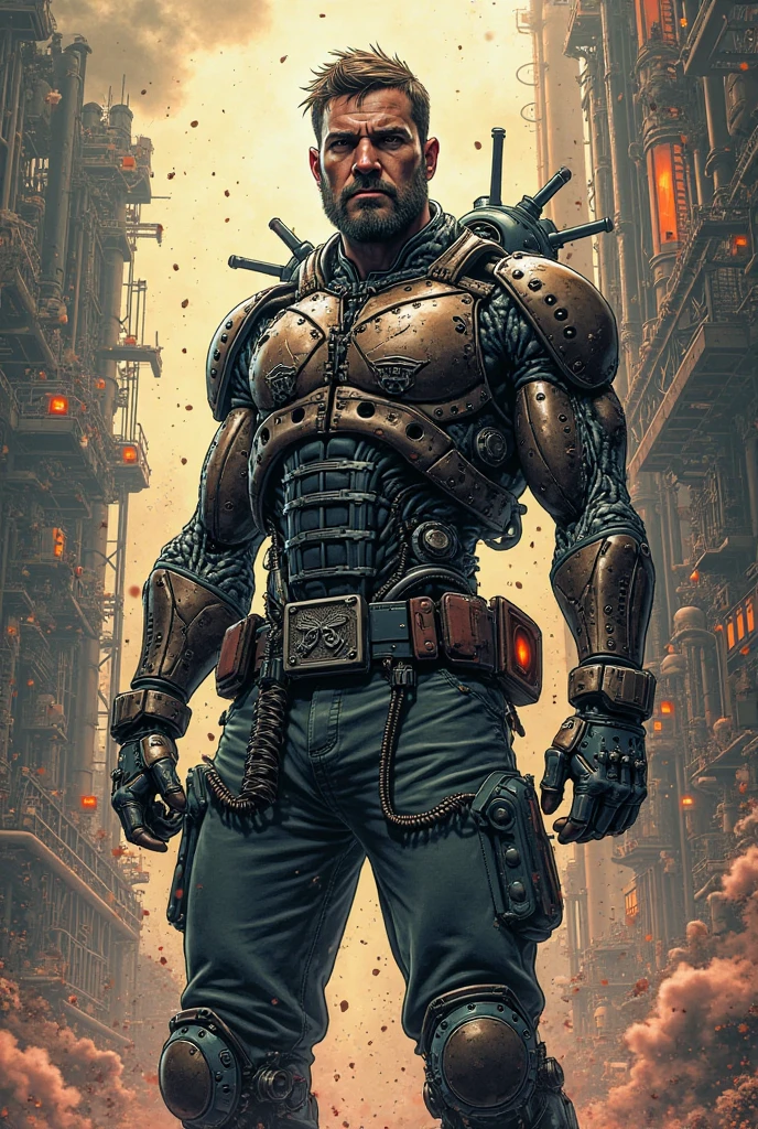 An exuberant warrior mix of Chistina Hendrix and Bryce Dallas Howard in a Gears of War uniform, very pretty,green eyes, short dark hair,full lips, beautiful, with his sexy combat uniform, big chest, narrow waist, muscular legs, is in struggle in a city with immense half-ruined buildings, all full of imagination,