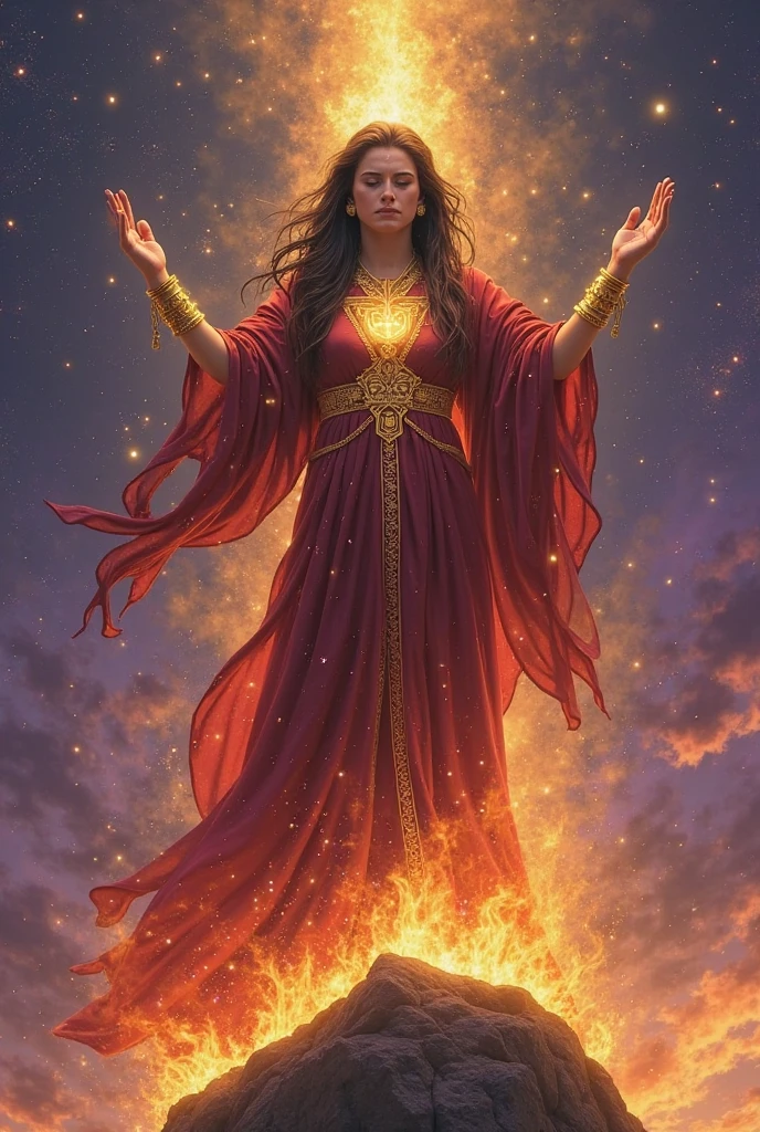 Greek Goddess Hestia holding a fire wearing red and crown, front view and half body