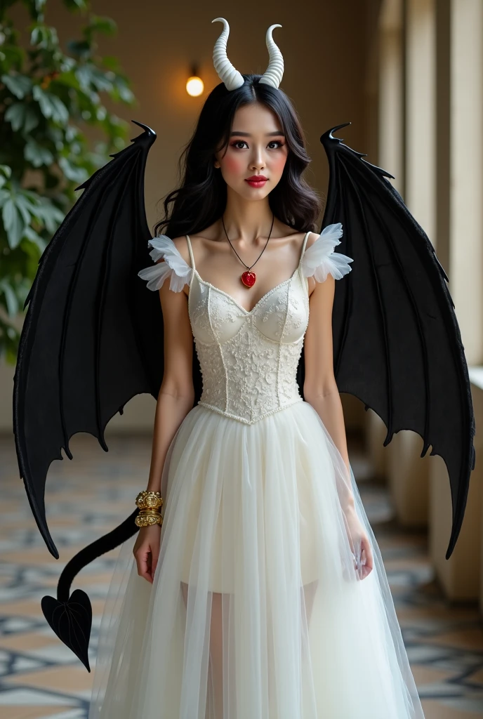 1girl, solo, horns, wings, black long hair, tail, pointy ears, dress, pantyhose, demon girl, detalied background, hand on hip, looking at viewer, full body, corset, jewelry, standing, demon wings, bare shoulders, bracelet, white dress, shoes, smile, nature in background, demon tail