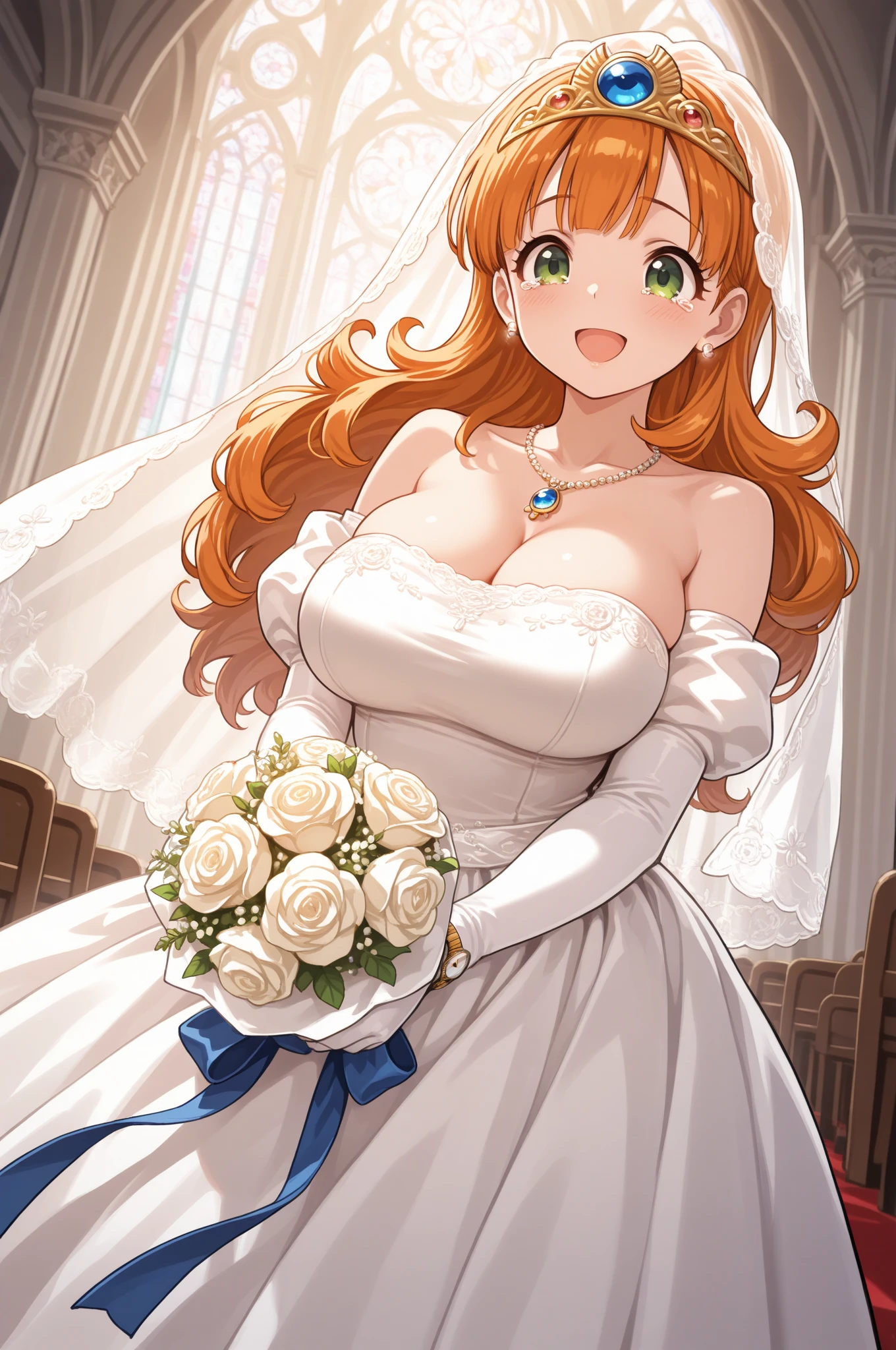 Pose: 1girl, masterpiece, highres, sonicedges_rias_gremory standing with her back to the camera, head turned to look over her shoulder.
Expression: Soft, confident smile with eyes looking into the camera.
Attire: Elegant ((wedding dress, bridal veil, wedding, bouquet))that complements the glamorous setting.
Hair: Styled to cascade over one shoulder, with light waves.
Makeup: Subtle yet elegant, with emphasis on the eyes and lips.
Background: A softly blurred wedding church.
Lighting: Warm, soft lighting that highlights the woman's features and adds a glow to her skin.
Accessories: Minimal, such as a pair of delicate earrings or a simple necklace.
Mood: Elegant, confident, and slightly mysterious.