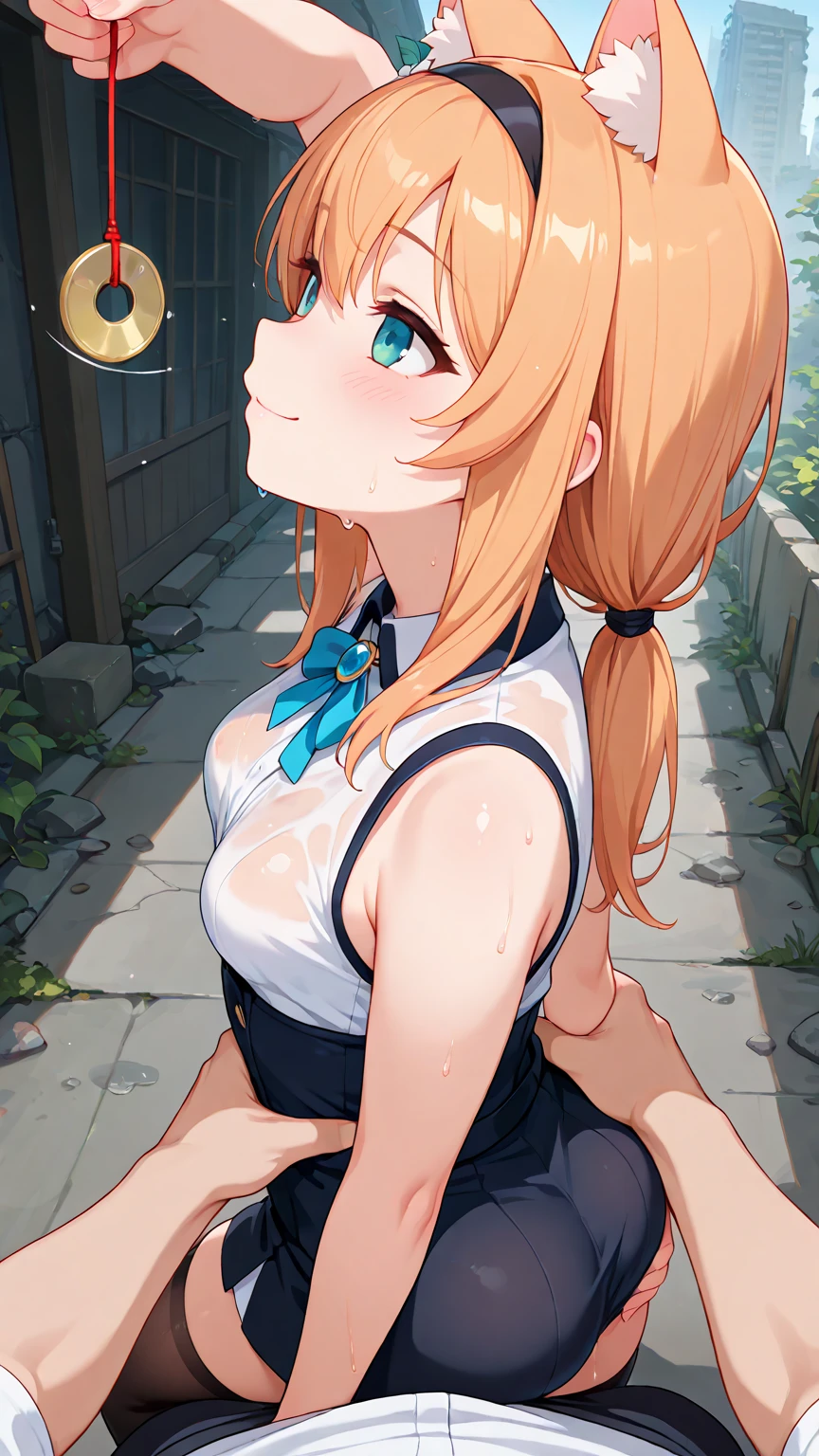 kinako_(shiratama_mochi) style, mari_\(blue_archive\), flat chests, nsfw, masterpiece, ponytail, 1 girl, erect nipples, intricately detailed, topless, navel, bare shoulders, necklace, erect nipples, puffy nipples, orange hair, cat ear, blue gym shorts, halo, park? Blue sky, open mouth, extremely detailed, cg masterpiece, 8 k, unreal engine, bare breasts, nipples, blue eyes, bare stomach, sweaty, moist breath, small breasts, flat chests, wet body, arm strap, mari gym, smiling, leaning forward, plate, steak, tongue out, all fours, crawling, neck collar, floor, long tongue, collarbone, wet body